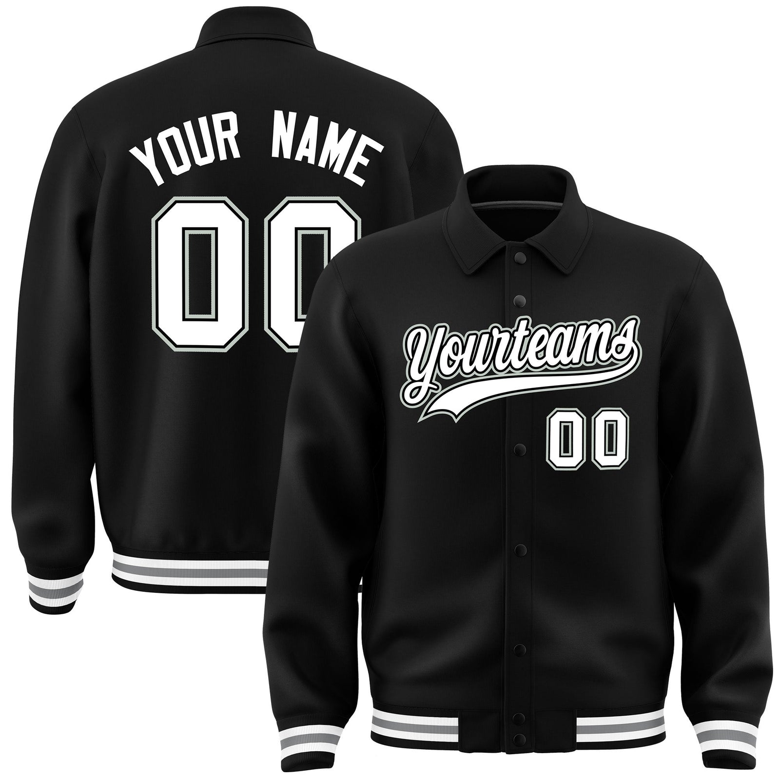 Custom Black, White, Grey collared coach jacket - front and back view - Style 1 | KXKSHOP