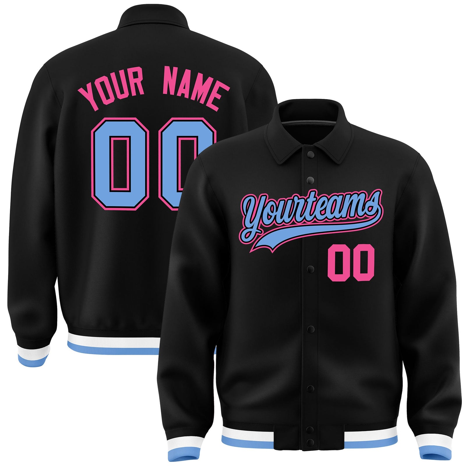 Custom Black, Light Blue, Pink collared coach jacket - front and back view - Style 1 | KXKSHOP