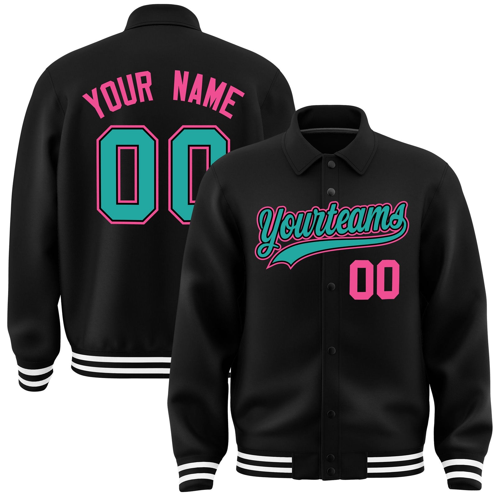 Custom Black, Aqua, Pink collared coach jacket - front and back view - Style 1 | KXKSHOP