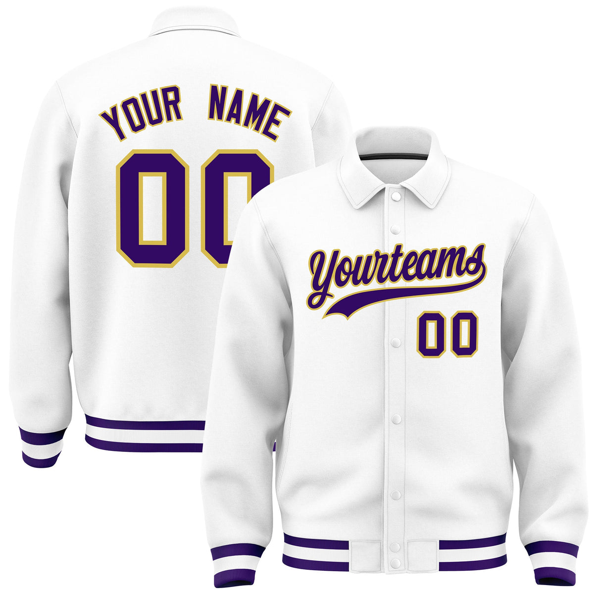 Custom White, Purple, Old Gold collared coach jacket - front and back view - Style 1 | KXKSHOP