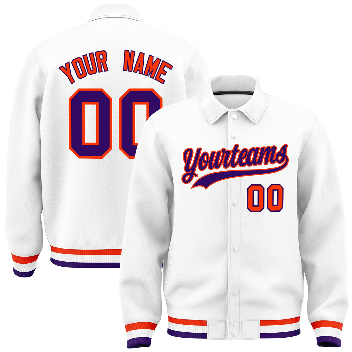Custom White, Purple, Orange collared coach jacket - front and back view - Style 1 | KXKSHOP