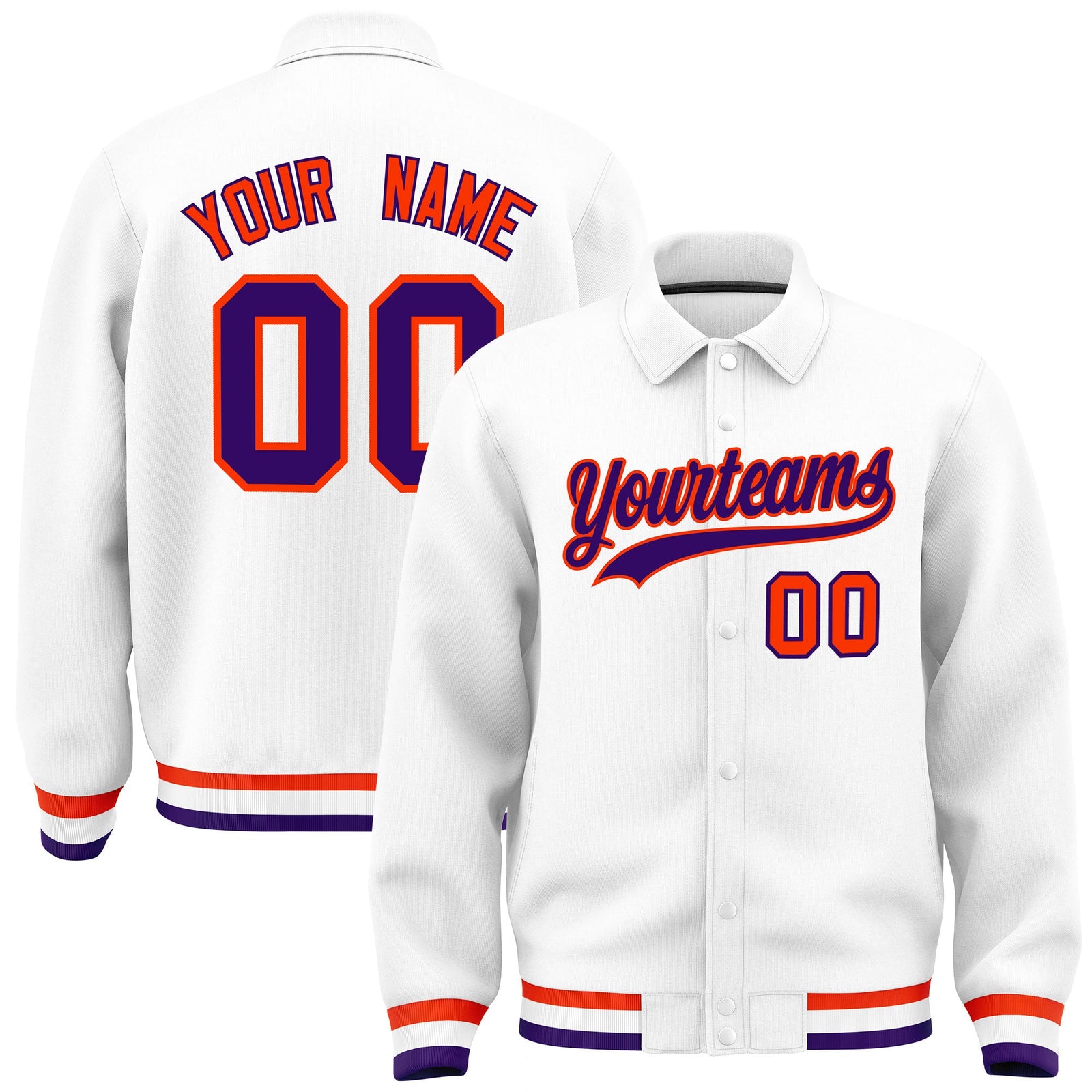 Custom White, Purple, Orange collared coach jacket - front and back view - Style 1 | KXKSHOP