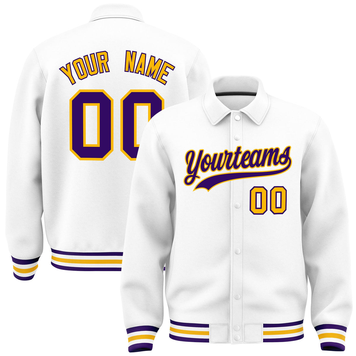 Custom White, Purple, Yellow collared coach jacket - front and back view - Style 1 | KXKSHOP