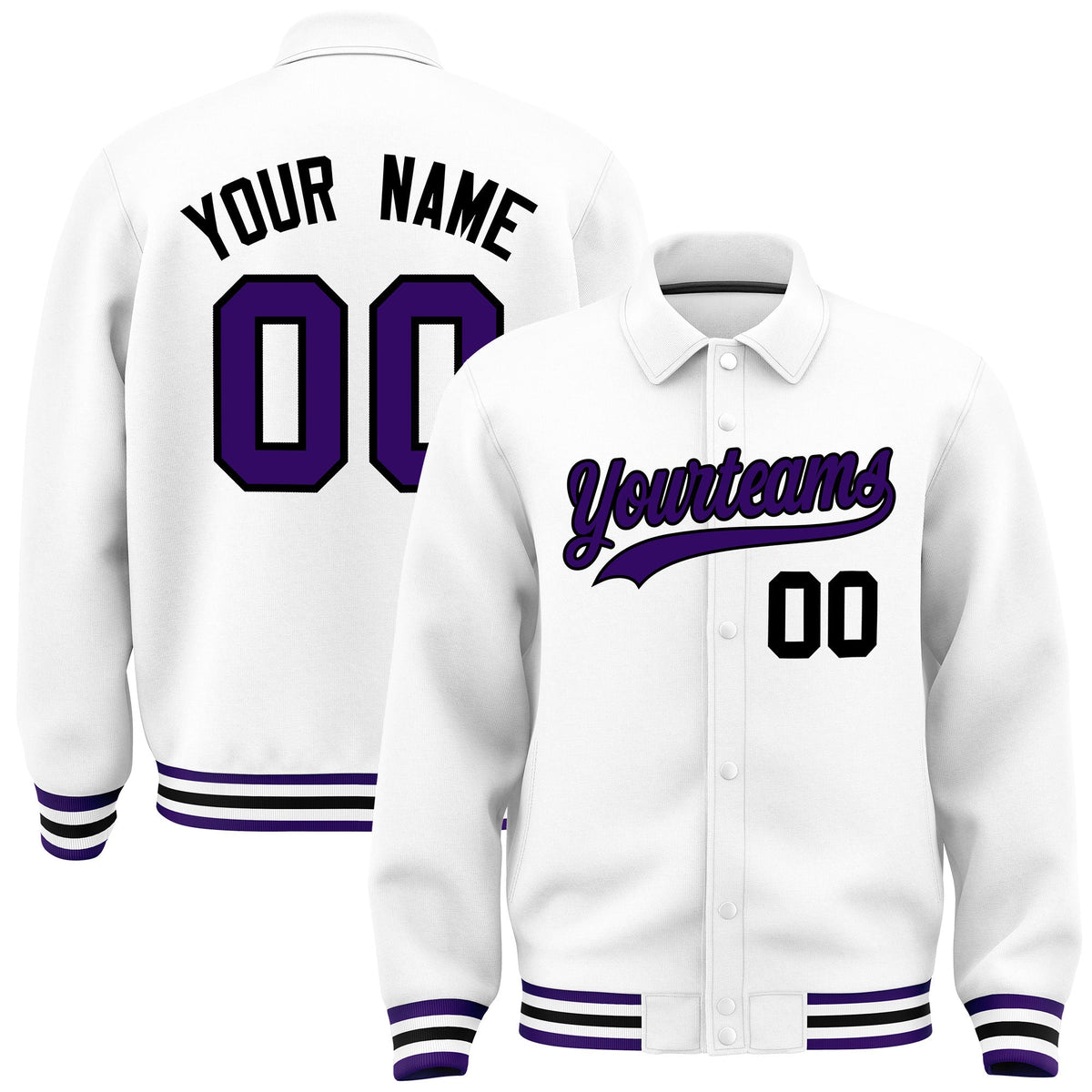 Custom White, Purple, Black collared coach jacket - front and back view - Style 1 | KXKSHOP