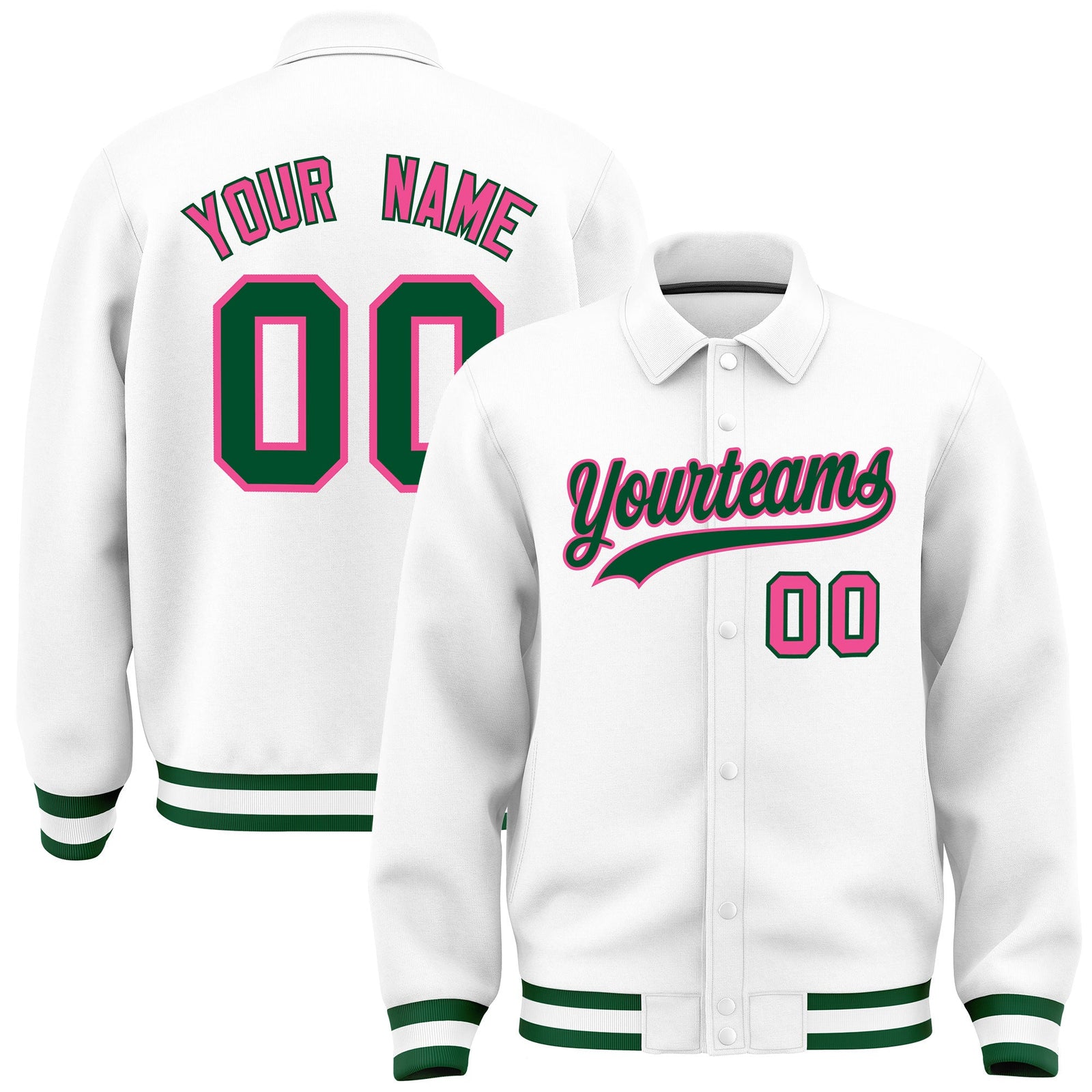 Custom White, Green, Pink collared coach jacket - front and back view - Style 1 | KXKSHOP