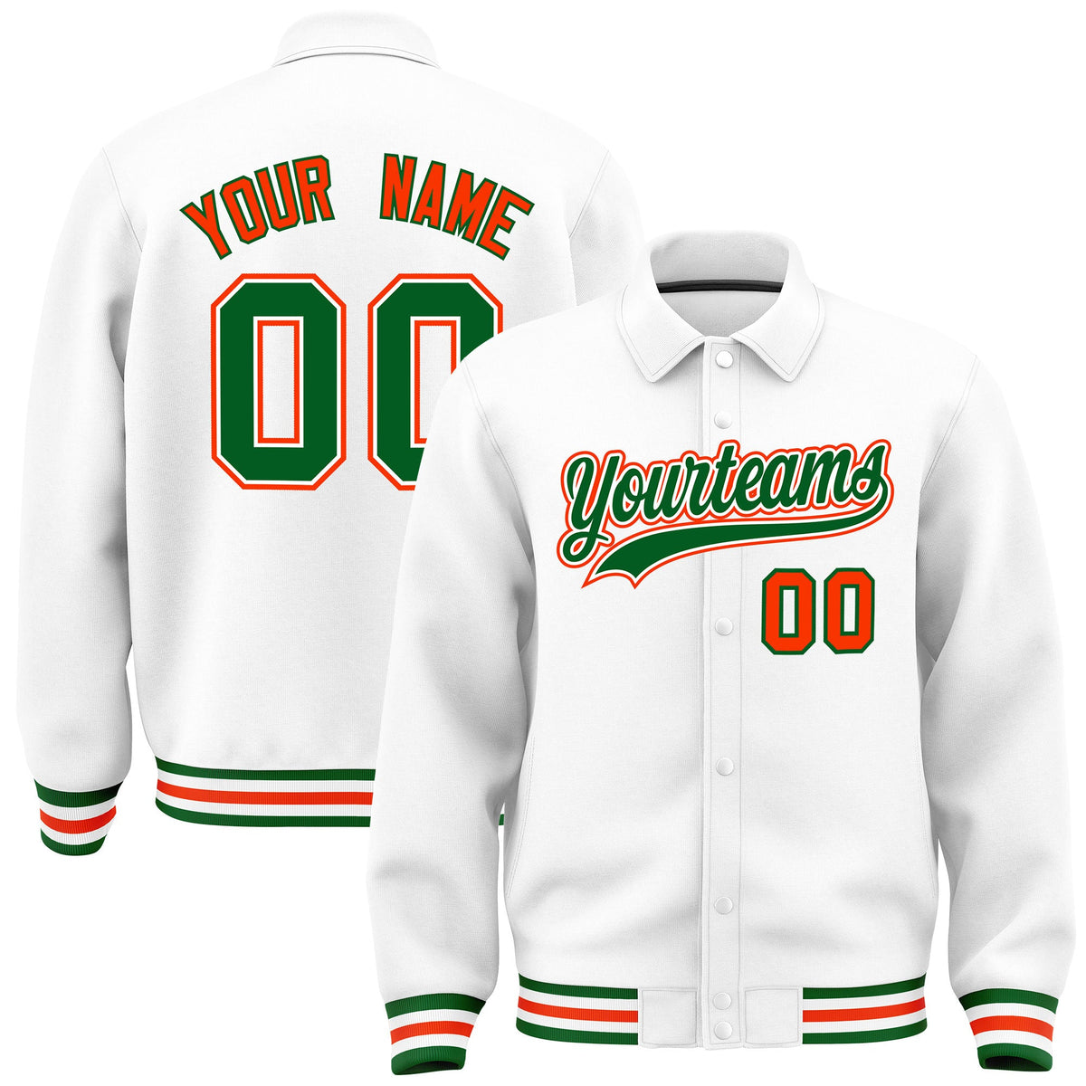 Custom White, Kelly Green, Orange collared coach jacket - front and back view - Style 1 | KXKSHOP