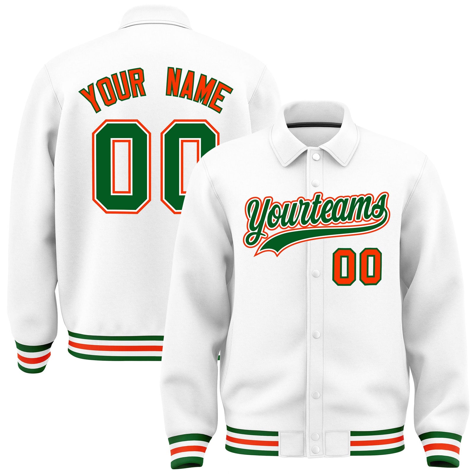 Custom White, Kelly Green, Orange collared coach jacket - front and back view - Style 1 | KXKSHOP