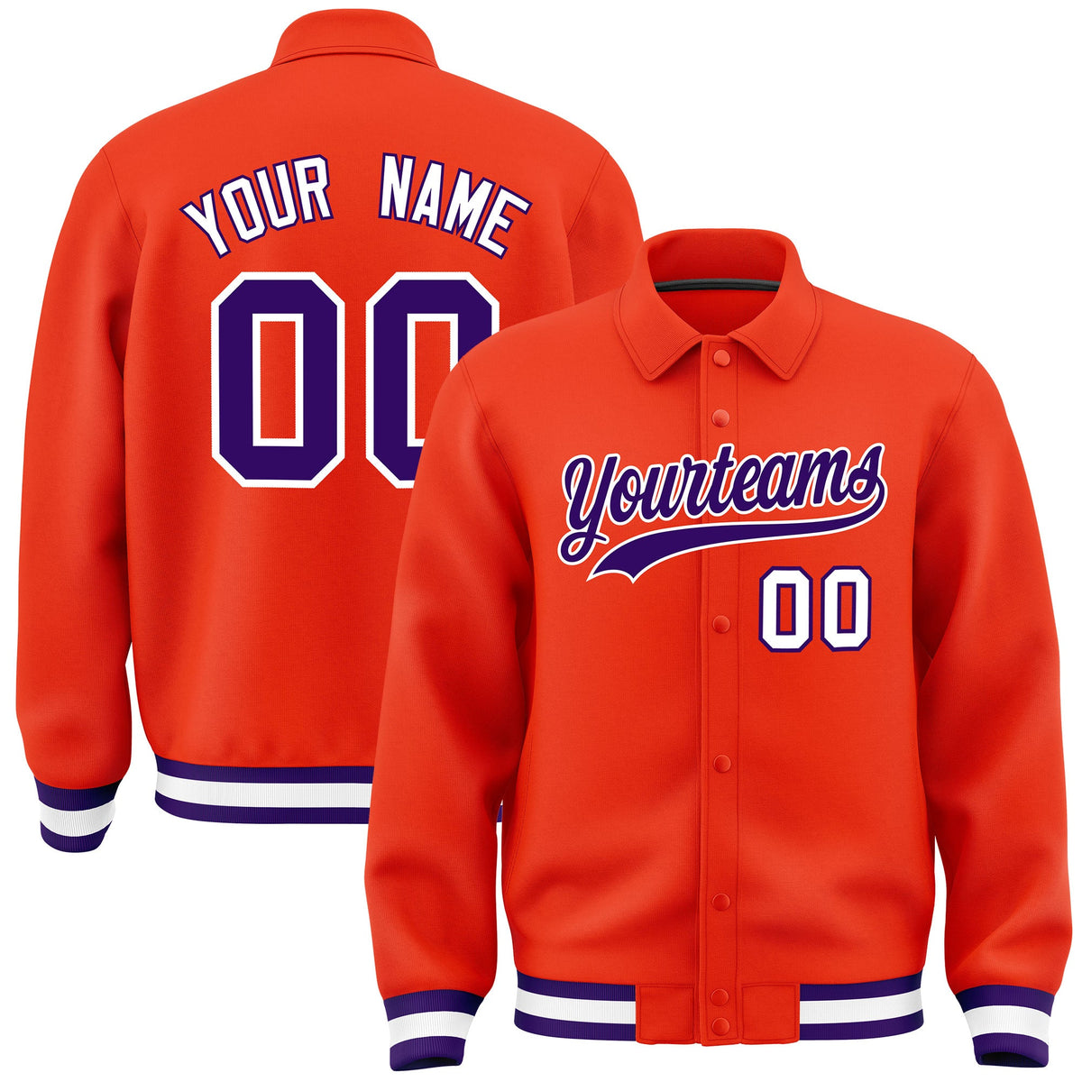 Custom Orange, Purple, White collared coach jacket - front and back view - Style 1 | KXKSHOP