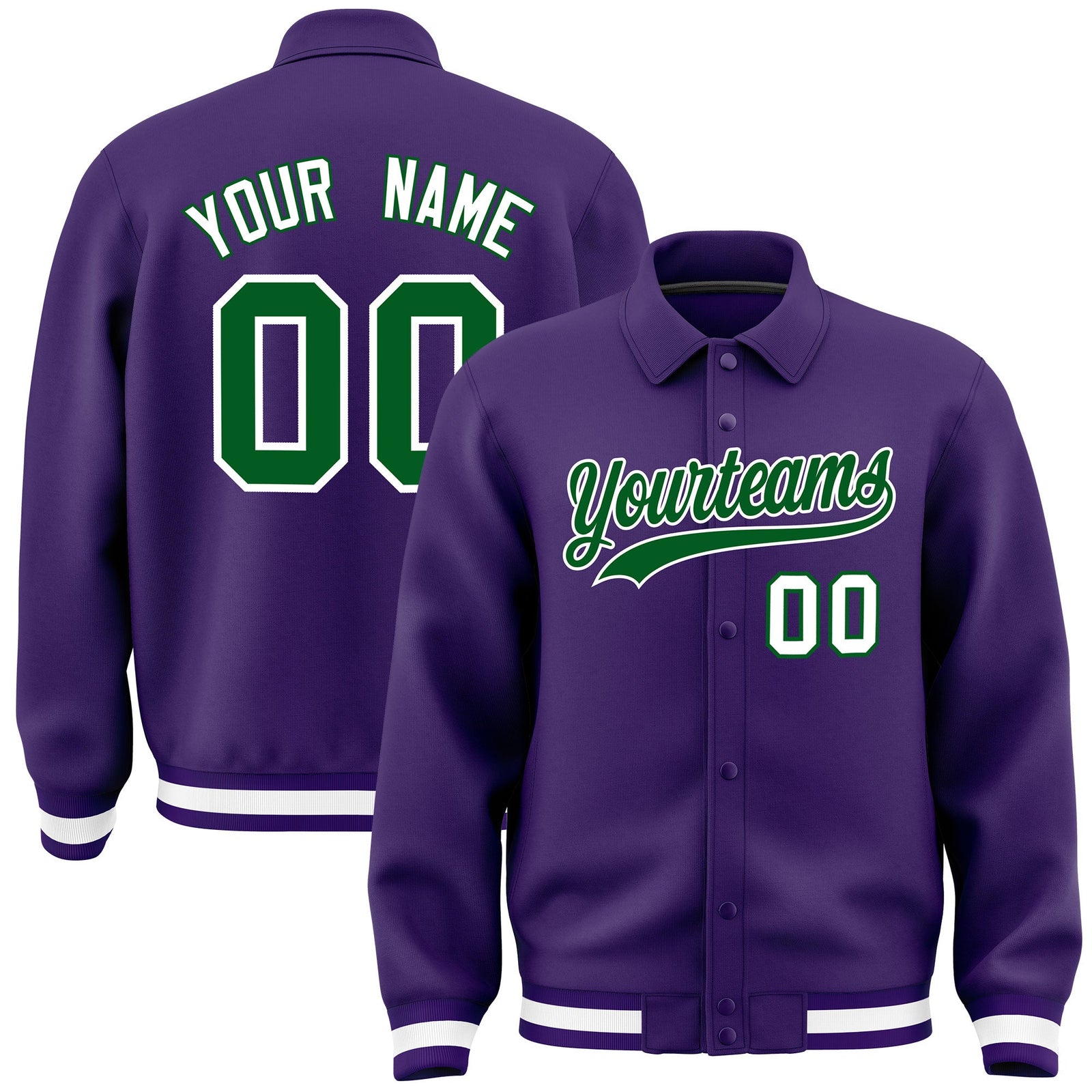 Custom Purple, Kelly Green, White collared coach jacket - front and back view - Style 1 | KXKSHOP