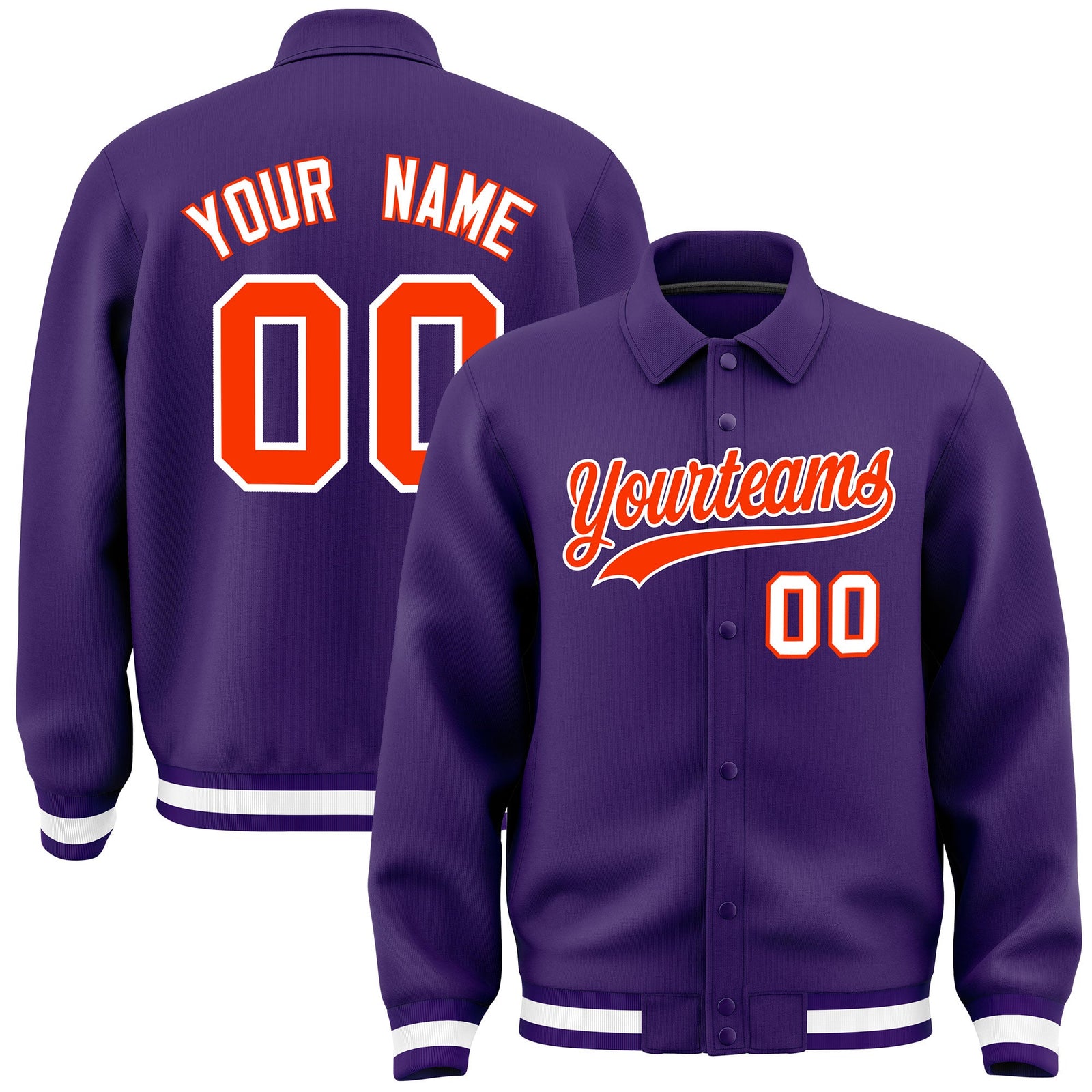 Custom Purple, Orange, White collared coach jacket - front and back view - Style 1 | KXKSHOP