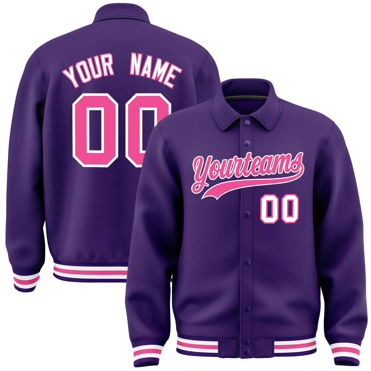 Custom Purple, Pink, White collared coach jacket - front and back view - Style 1 | KXKSHOP