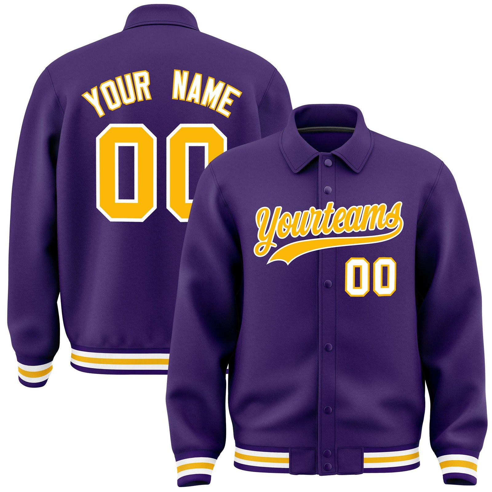 Custom Purple, Yellow, White collared coach jacket - front and back view - Style 1 | KXKSHOP