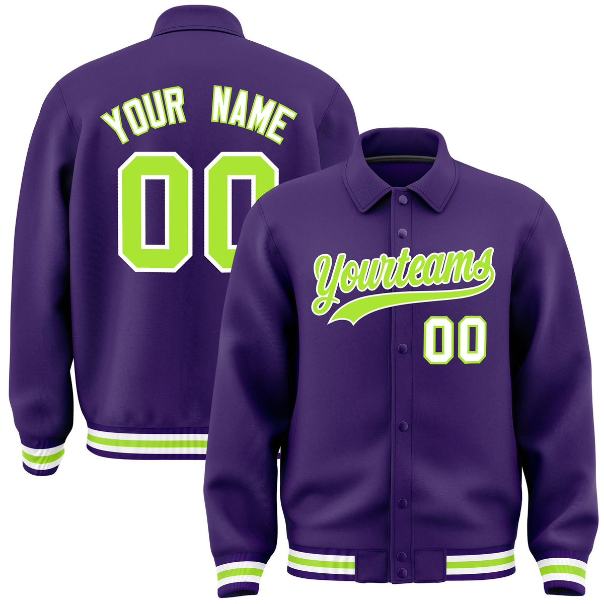 Custom Purple, Neon Green, White collared coach jacket - front and back view - Style 1 | KXKSHOP
