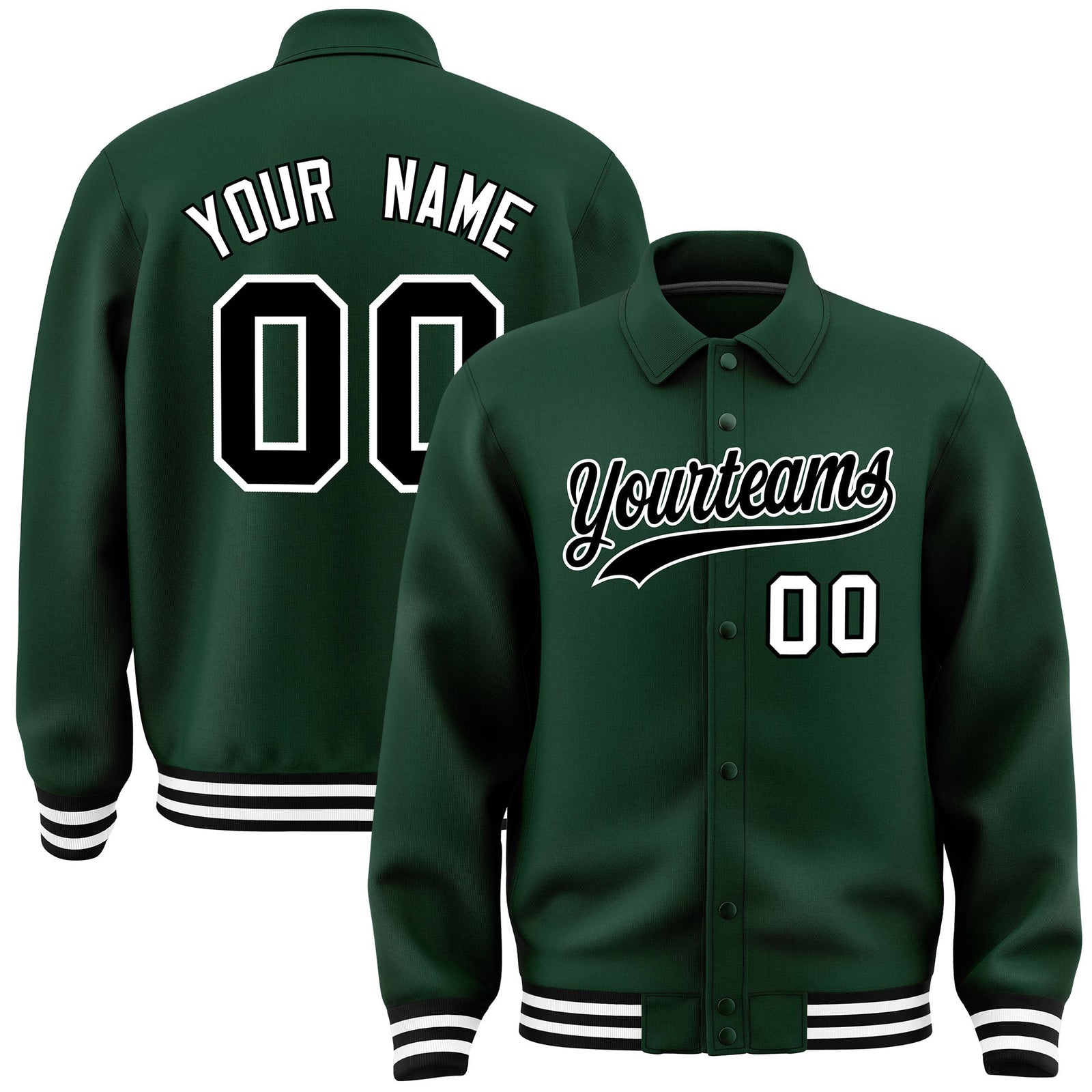 Custom Green, Black, White collared coach jacket - front and back view - Style 1 | KXKSHOP
