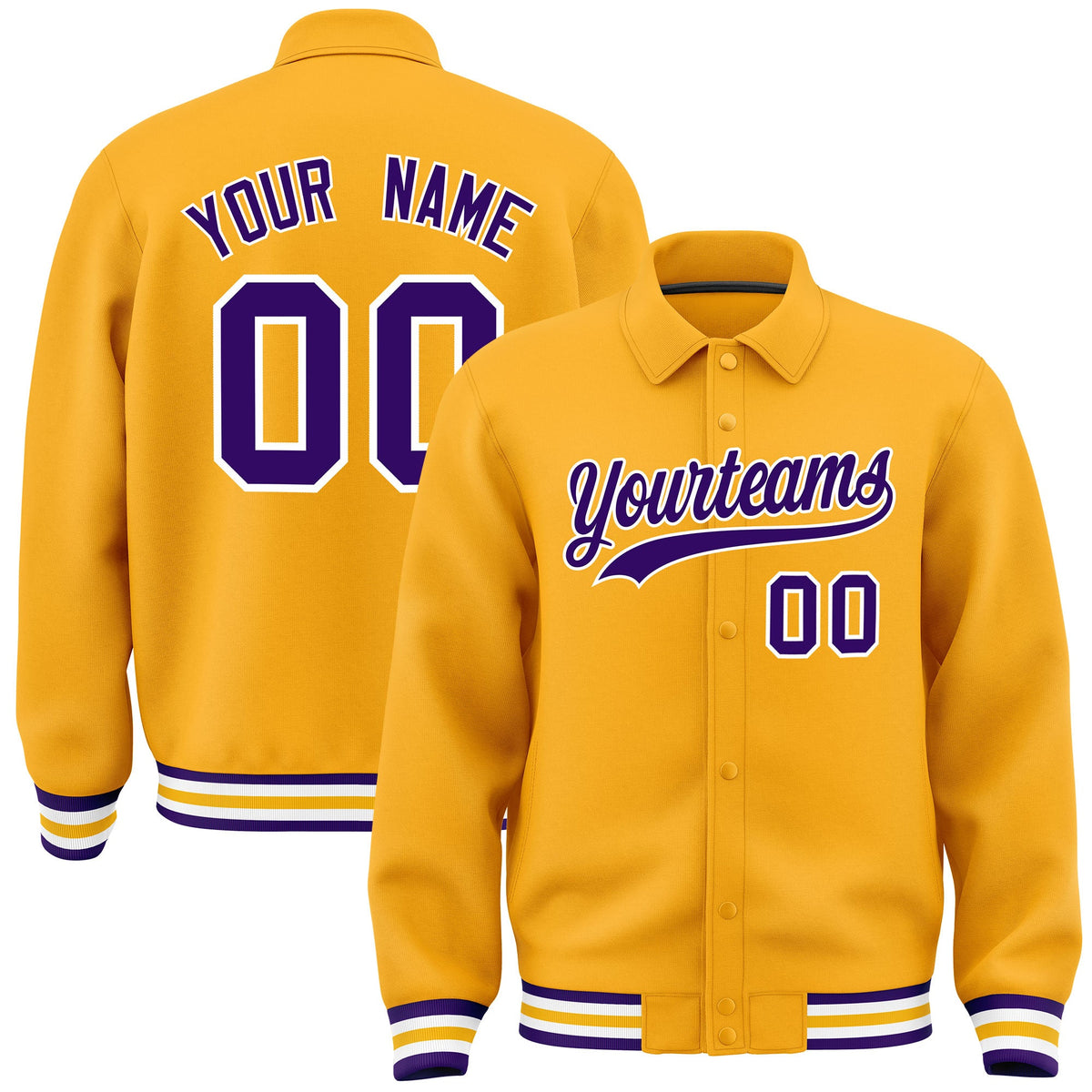 Custom Yellow, Purple, White collared coach jacket - front and back view - Style 1 | KXKSHOP
