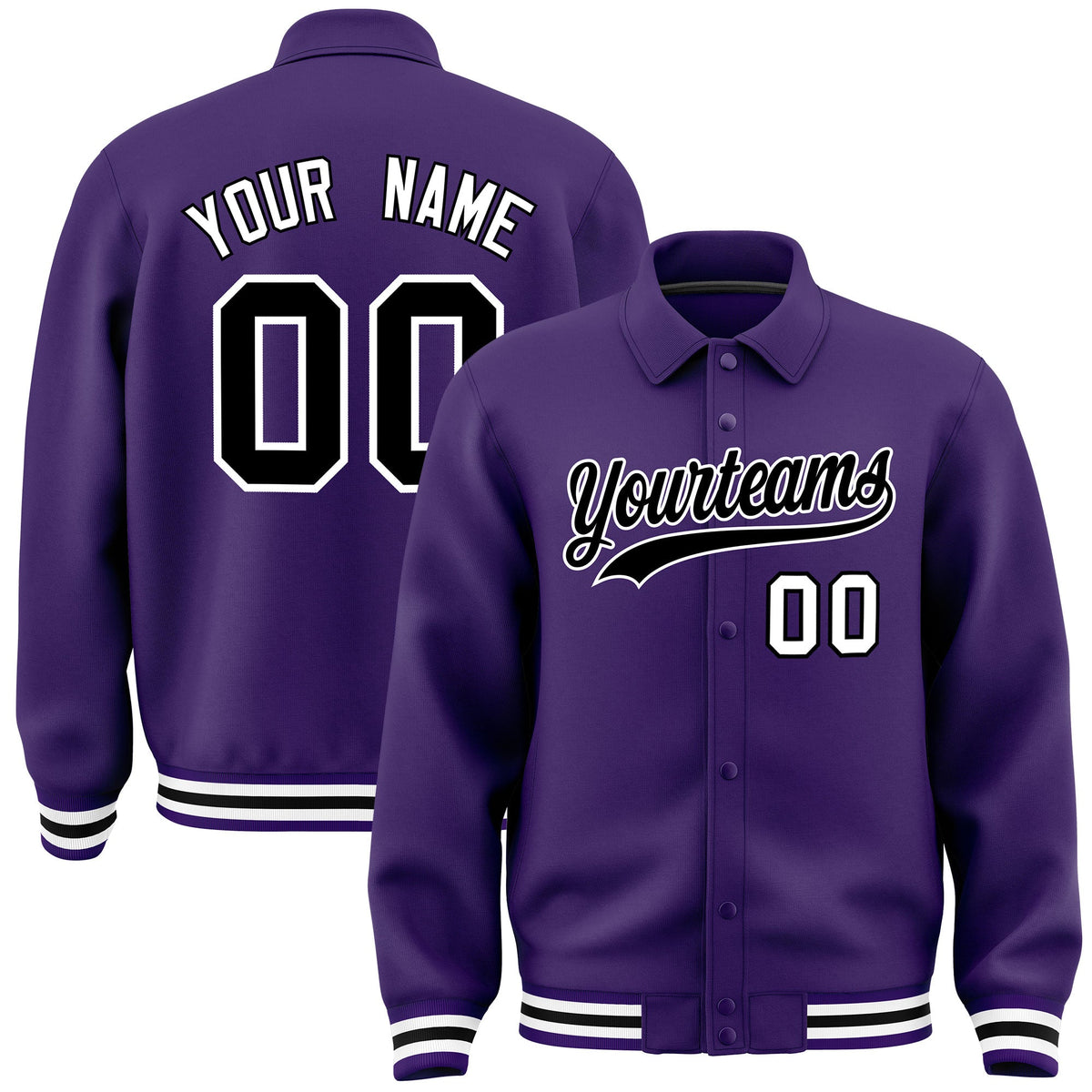 Custom Purple, Black, White collared coach jacket - front and back view - Style 1 | KXKSHOP