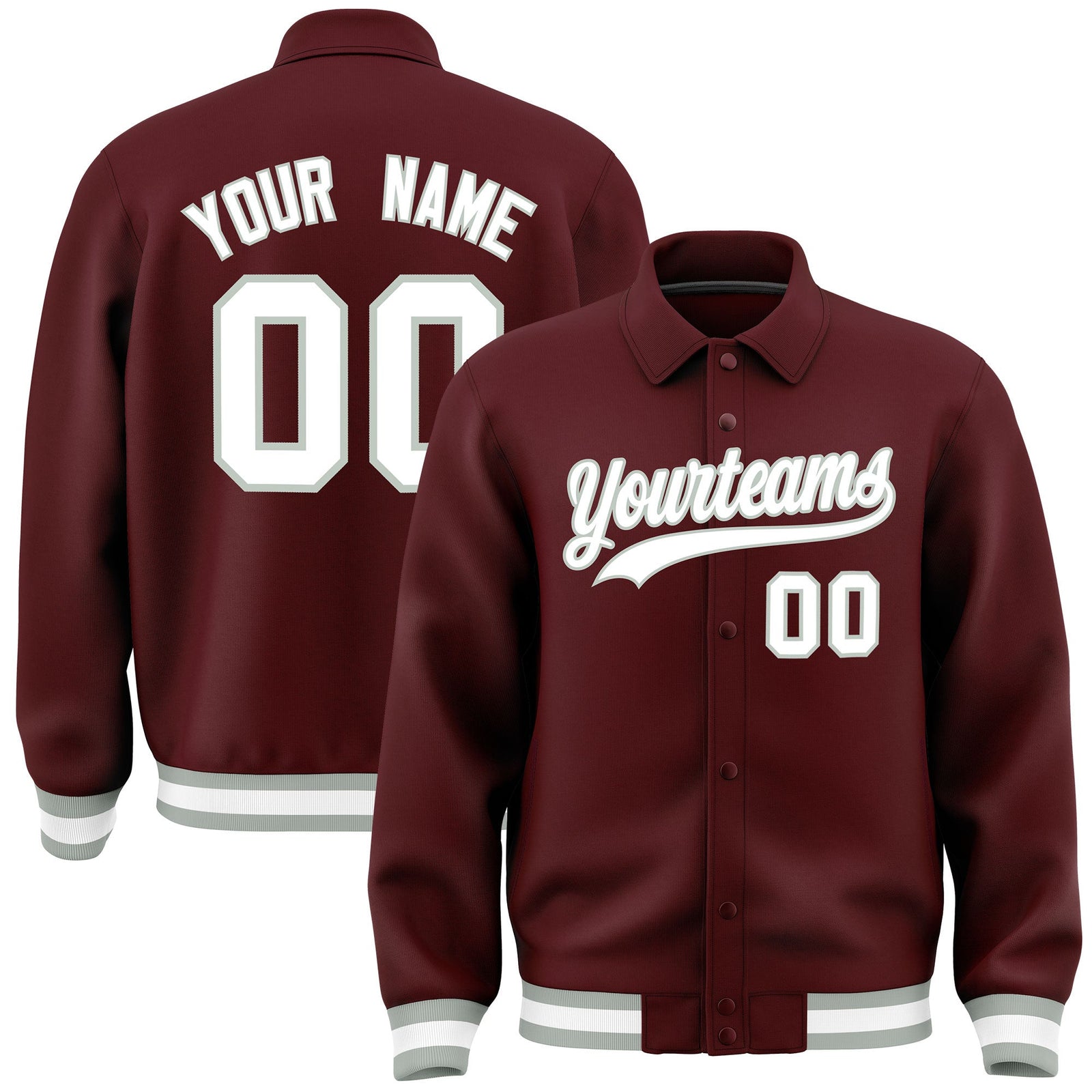 Custom Burgundy, White, Grey collared coach jacket - front and back view - Style 1 | KXKSHOP