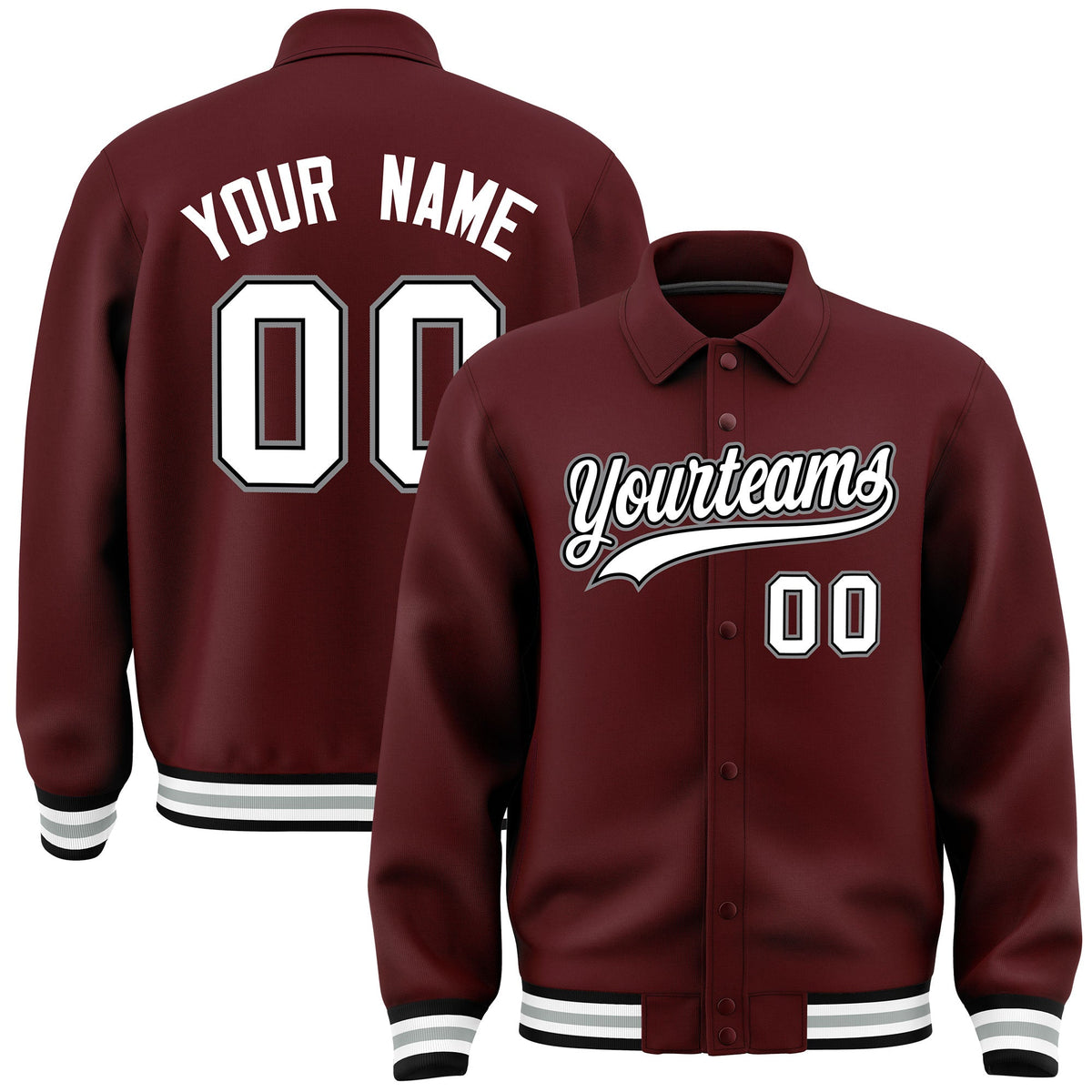Custom Burgundy, White, Black, Grey collared coach jacket - front and back view - Style 1 | KXKSHOP