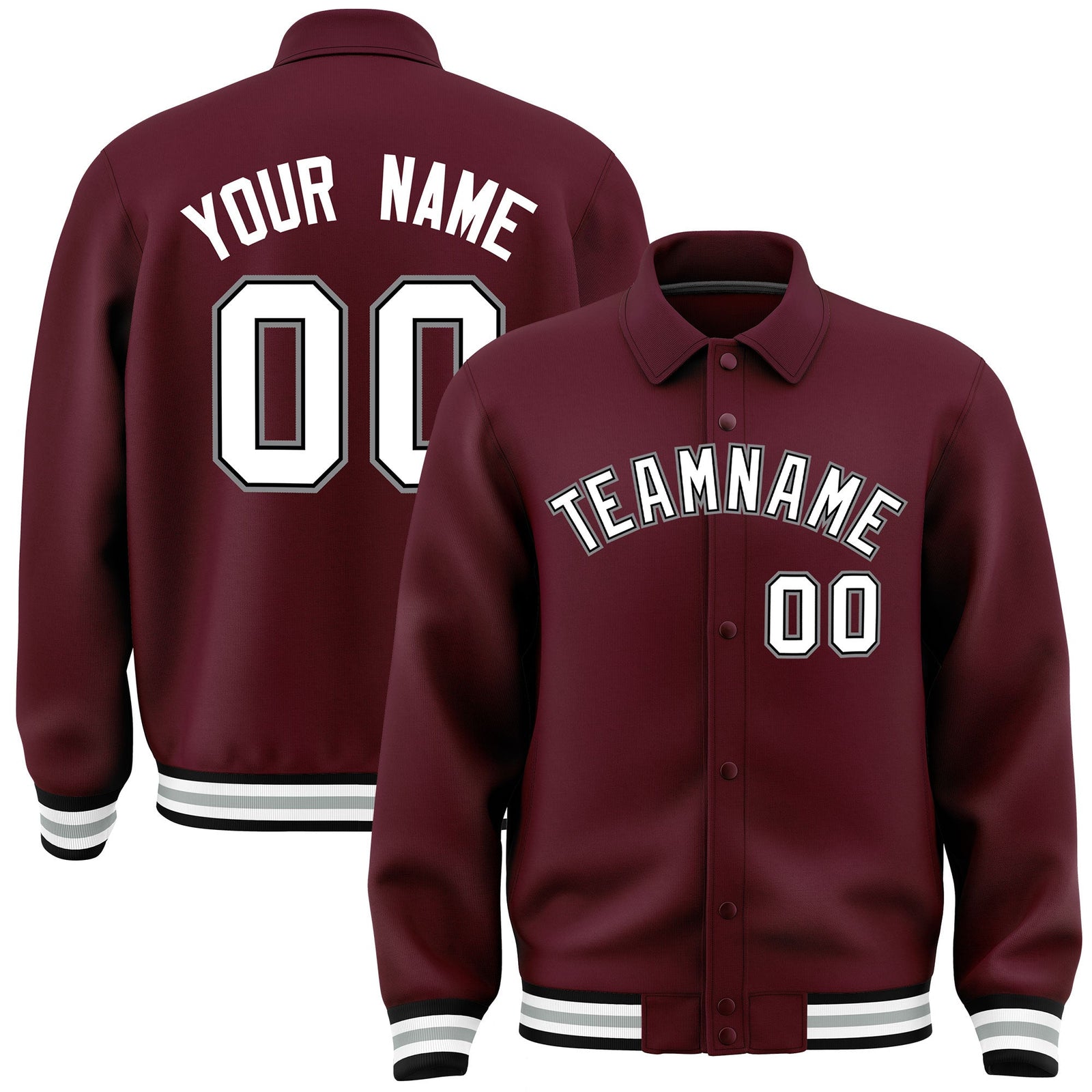 Custom Burgundy, White, Black, Grey collared coach jacket - front and back view - Style 4 | KXKSHOP