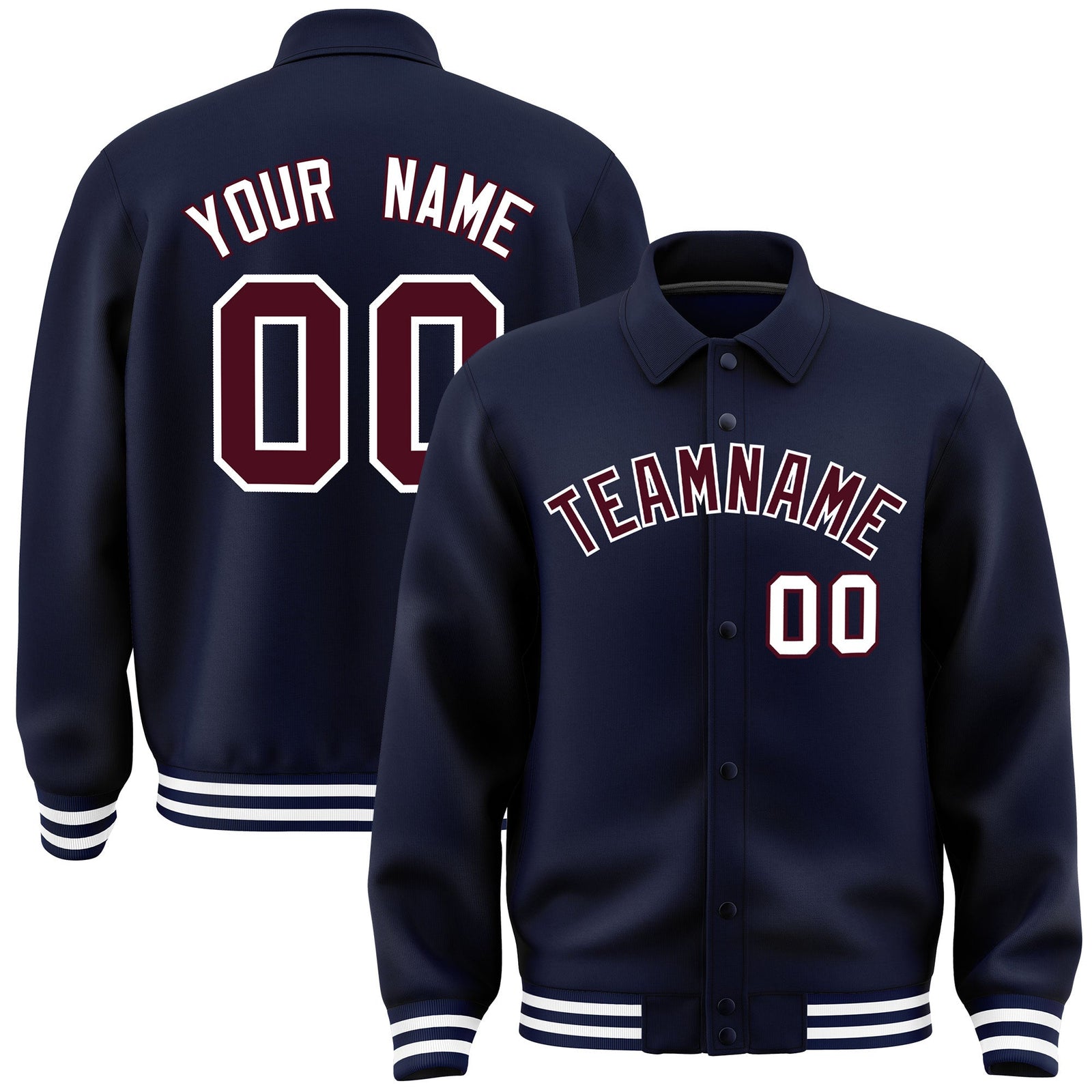 Custom Navy, Crimson, White collared coach jacket - front and back view - Style 4 | KXKSHOP