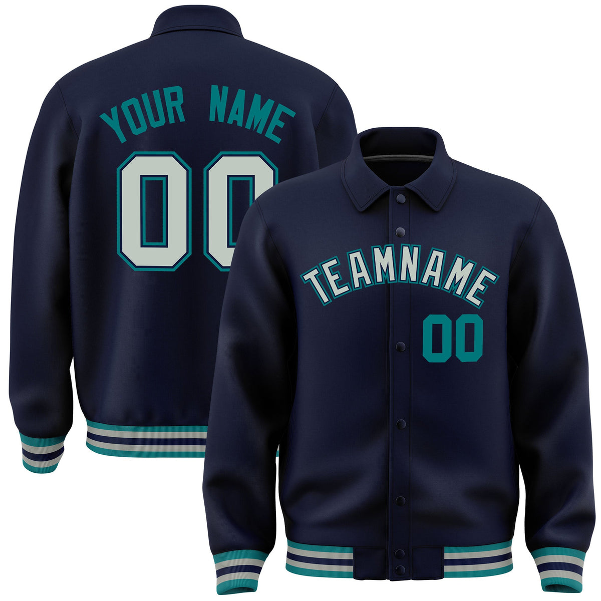 Custom Navy, Grey, Teal collared coach jacket - front and back view - Style 4 | KXKSHOP