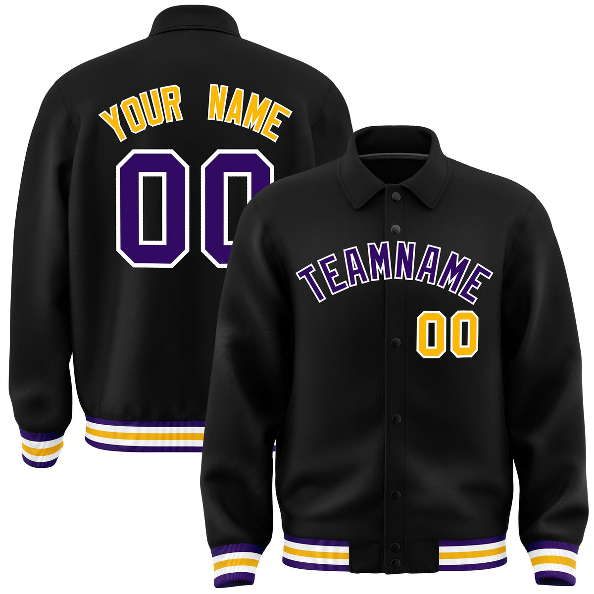 Custom Black, Purple, White collared coach jacket - front and back view - Style 4 | KXKSHOP