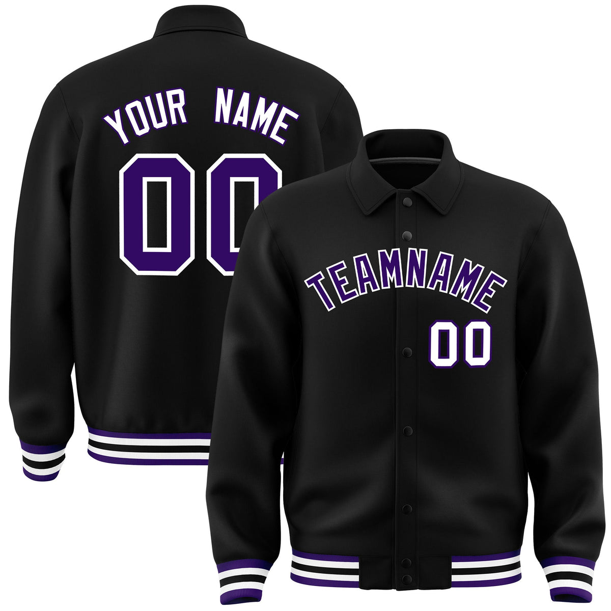 Custom Black, Purple, White collared coach jacket - front and back view - Style 4 | KXKSHOP