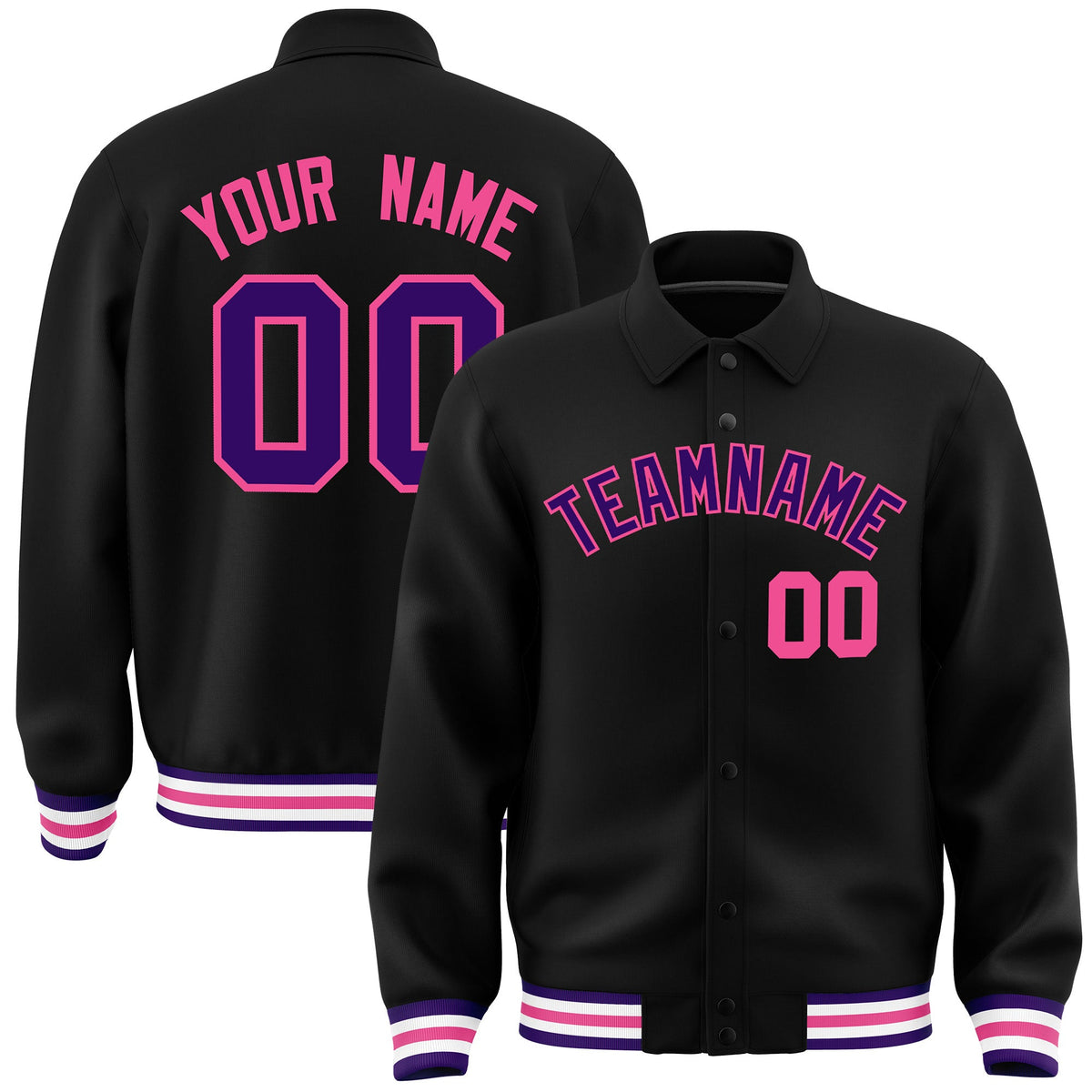 Custom Black, Purple, Pink collared coach jacket - front and back view - Style 4 | KXKSHOP