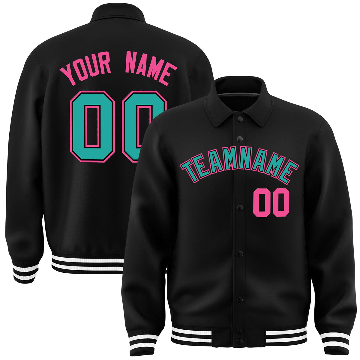 Custom Black, Aqua, Pink collared coach jacket - front and back view - Style 4 | KXKSHOP