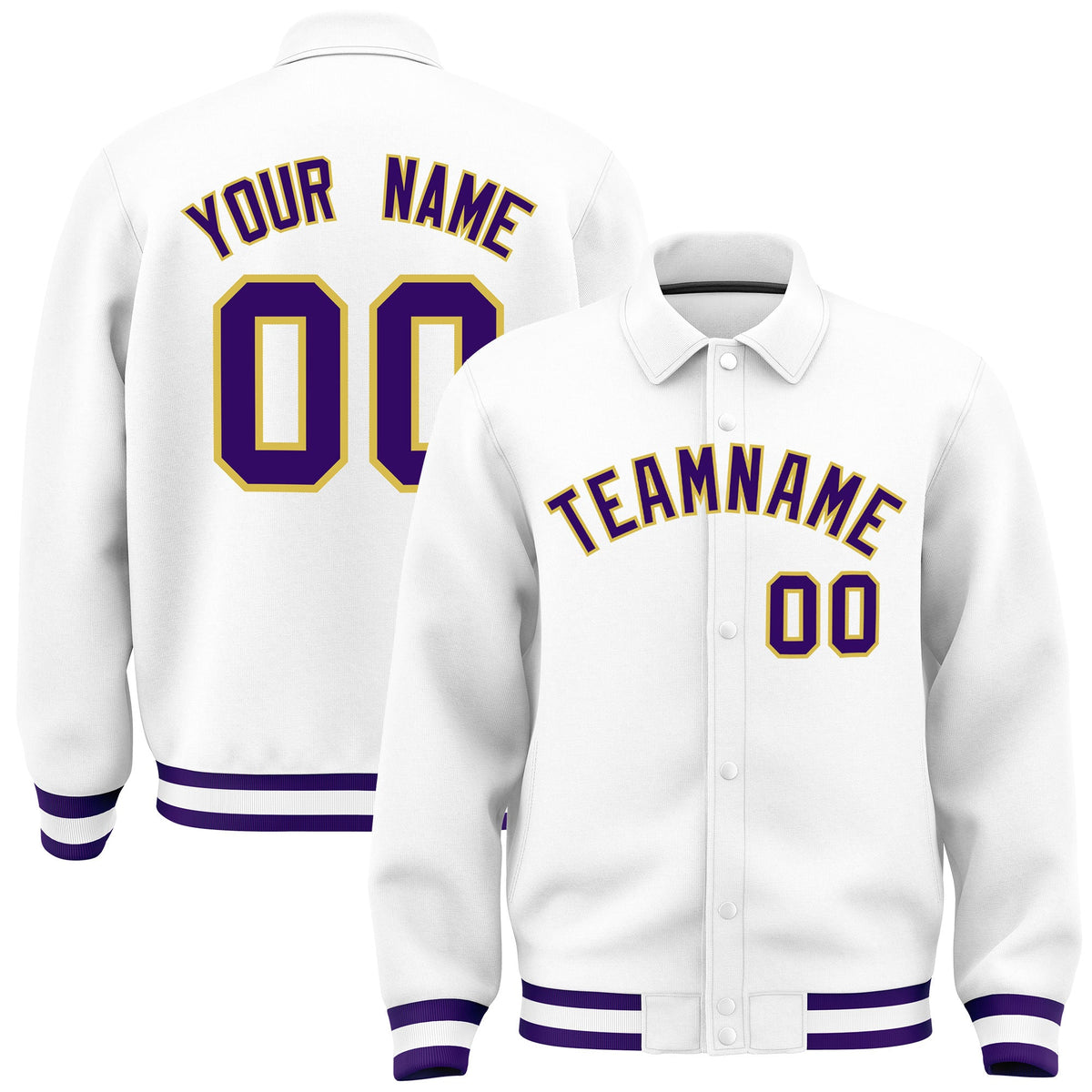 Custom White, Purple, Old Gold collared coach jacket - front and back view - Style 4 | KXKSHOP