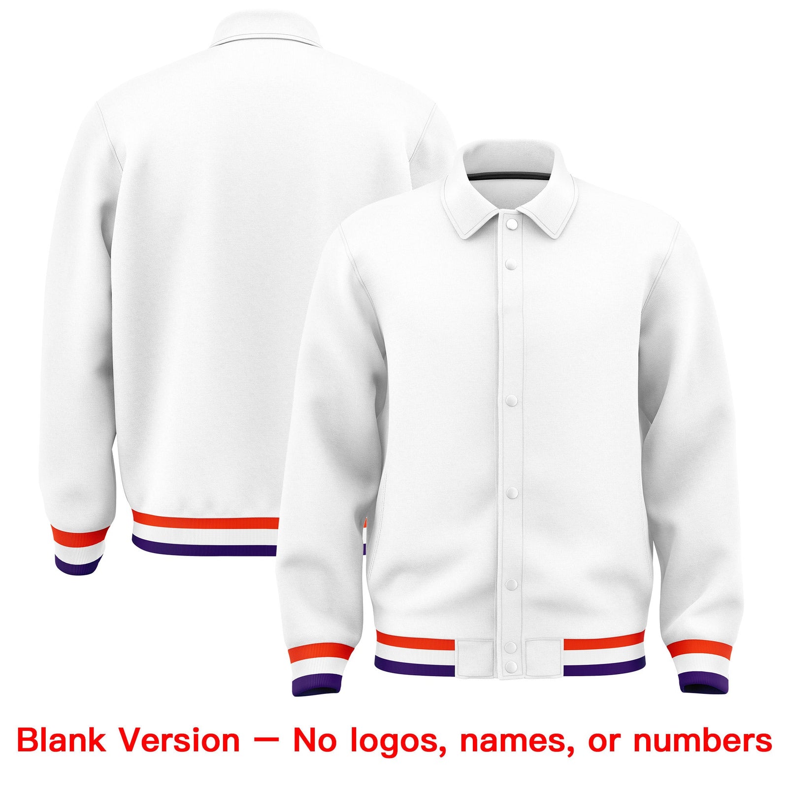 Custom White, Purple, Orange collared coach jacket blank template - no names or numbers - Style 4 | KXKSHOP