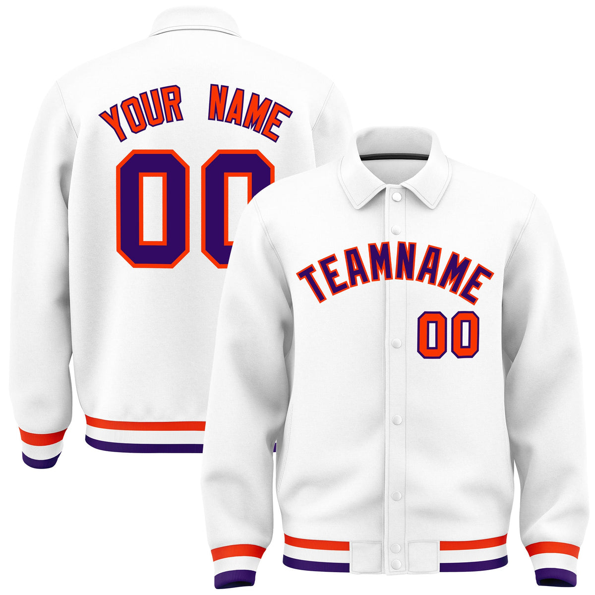 Custom White, Purple, Orange collared coach jacket - front and back view - Style 4 | KXKSHOP