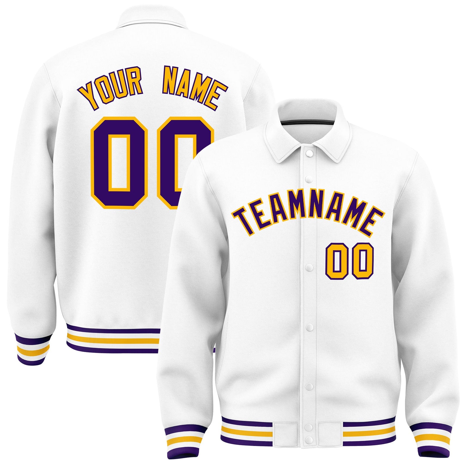 Custom White, Purple, Yellow collared coach jacket - front and back view - Style 4 | KXKSHOP