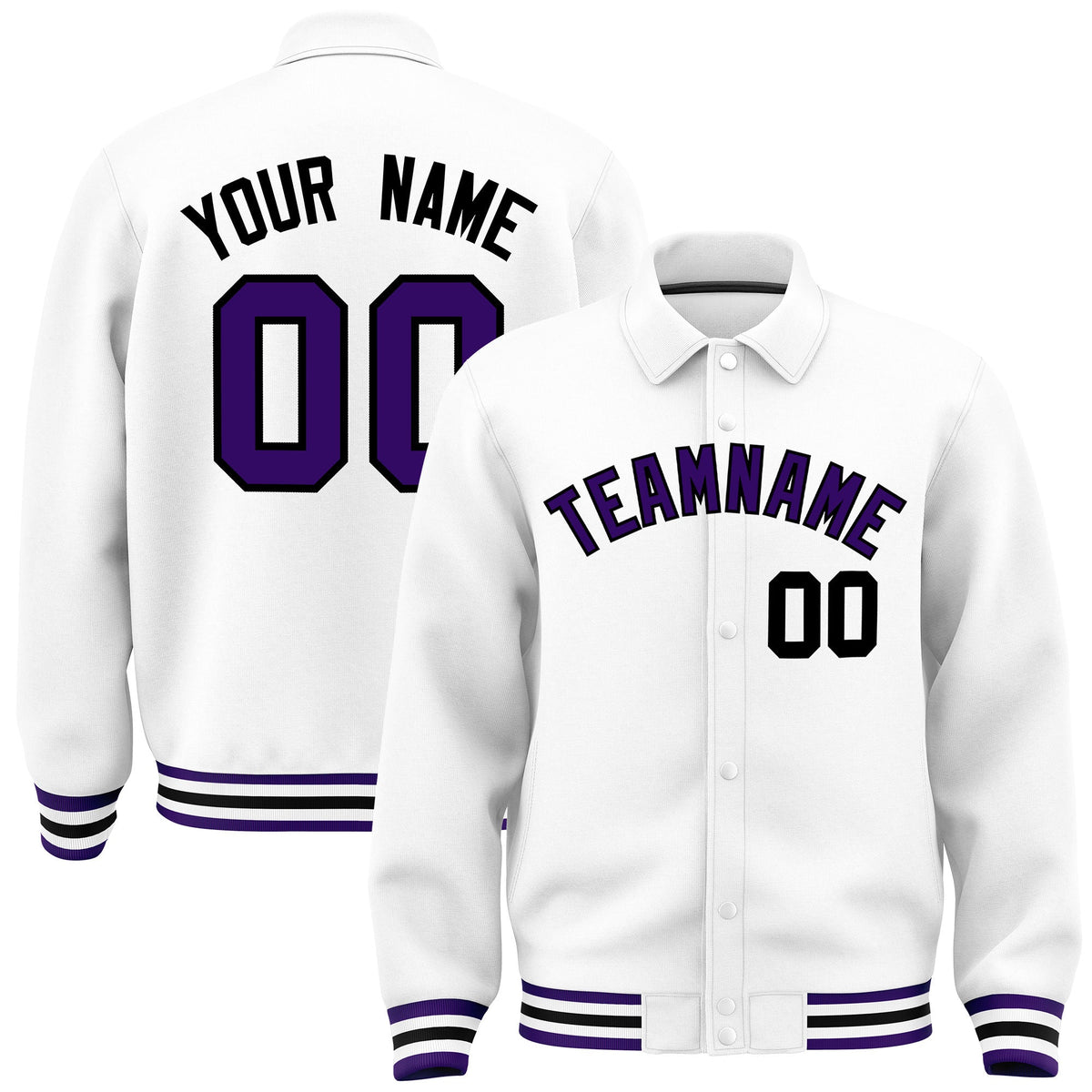 Custom White, Purple, Black collared coach jacket - front and back view - Style 4 | KXKSHOP