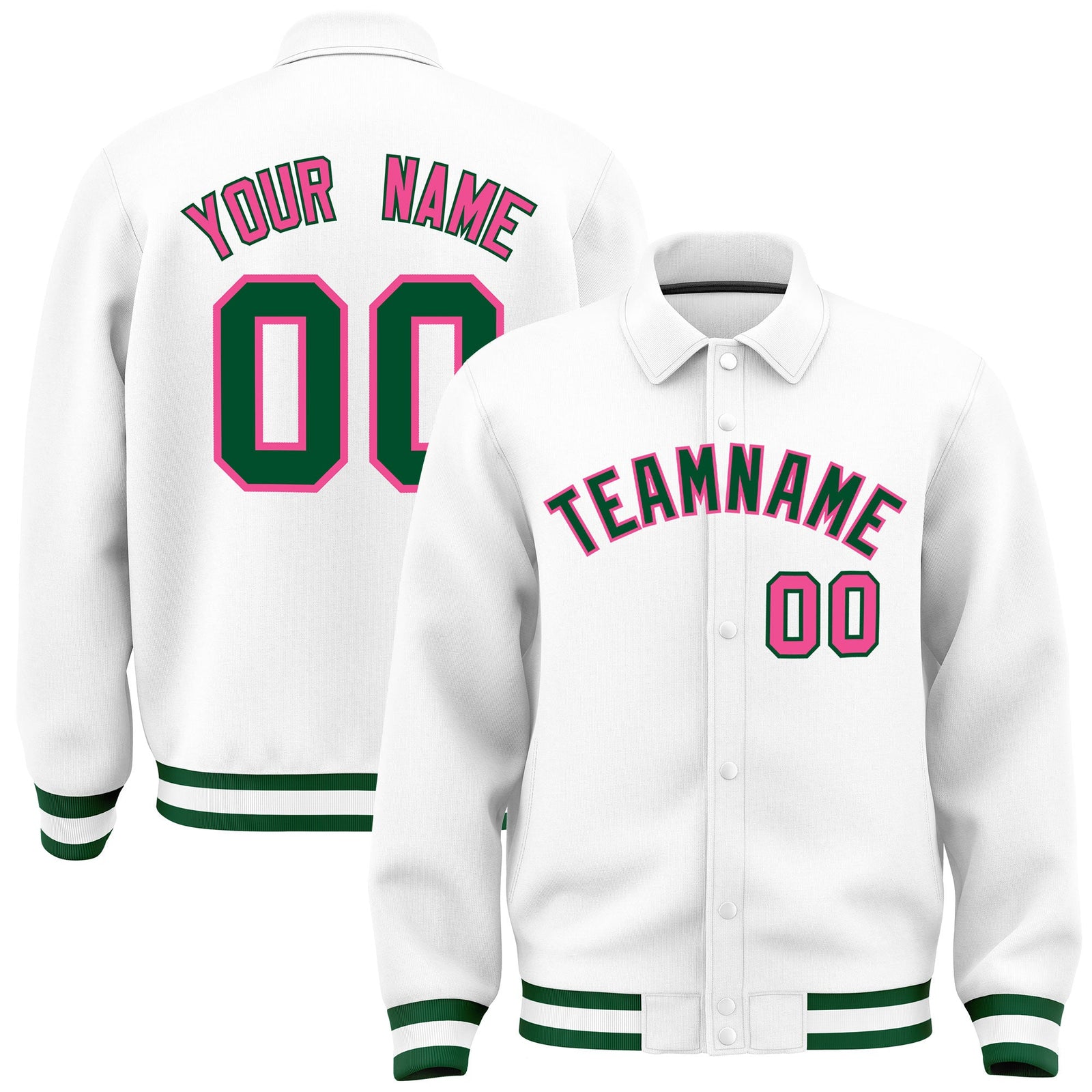 Custom White, Green, Pink collared coach jacket - front and back view - Style 4 | KXKSHOP