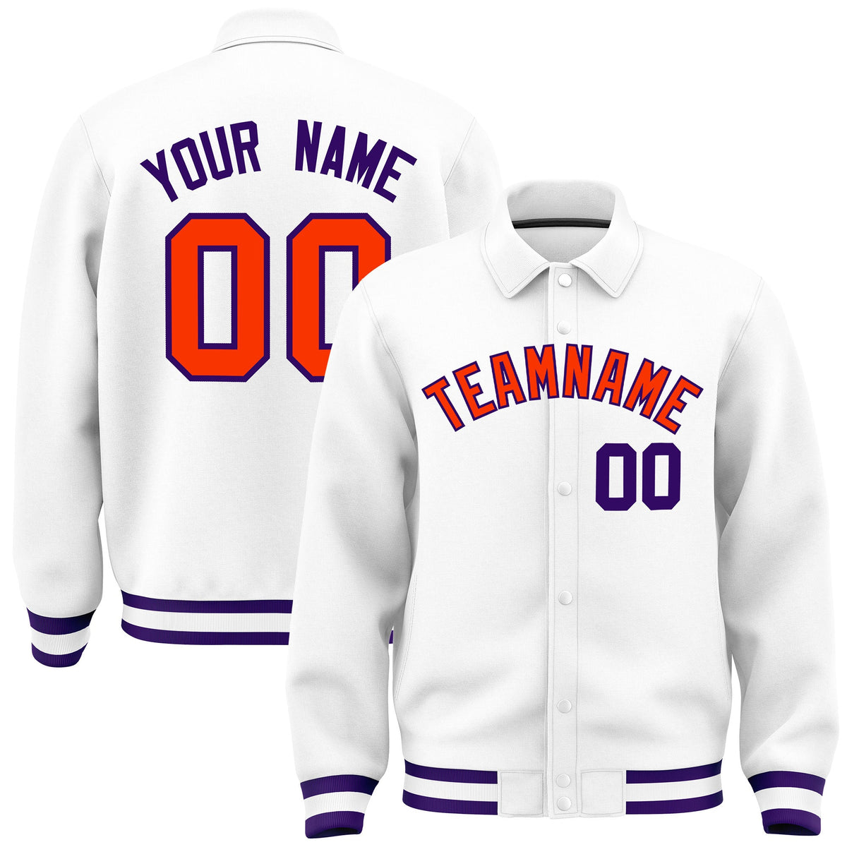 Custom White, Orange, Purple collared coach jacket - front and back view - Style 4 | KXKSHOP