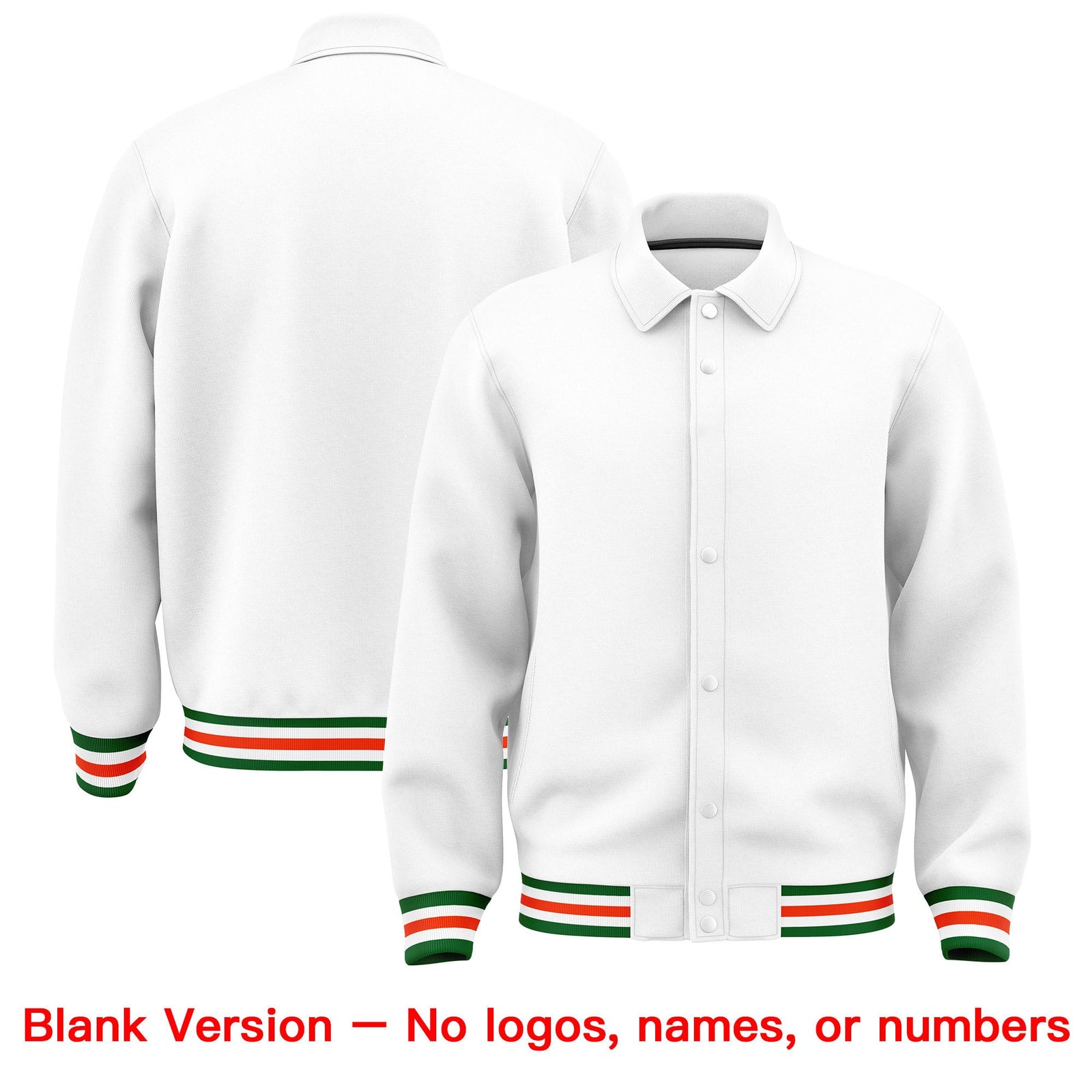 Custom White, Orange, Kelly Green collared coach jacket blank template - no names or numbers - Style 4 | KXKSHOP