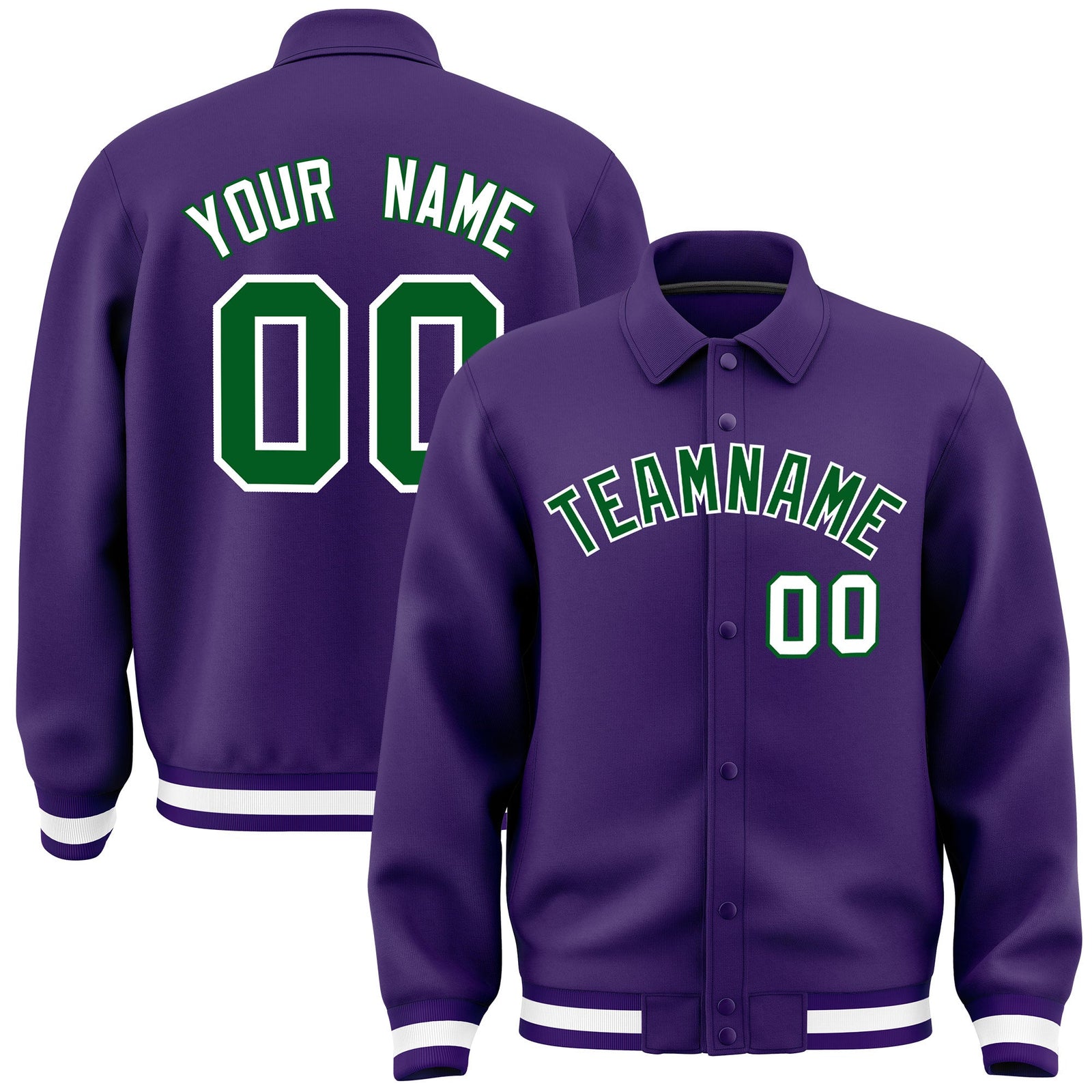 Custom Purple, Kelly Green, White collared coach jacket - front and back view - Style 4 | KXKSHOP