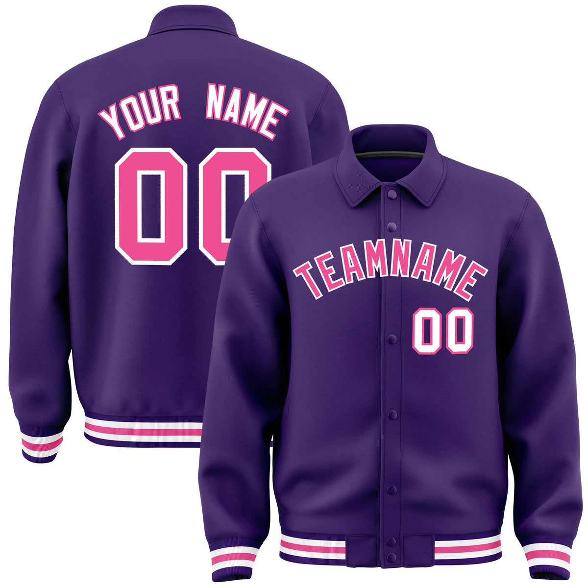 Custom Purple, Pink, White collared coach jacket - front and back view - Style 4 | KXKSHOP
