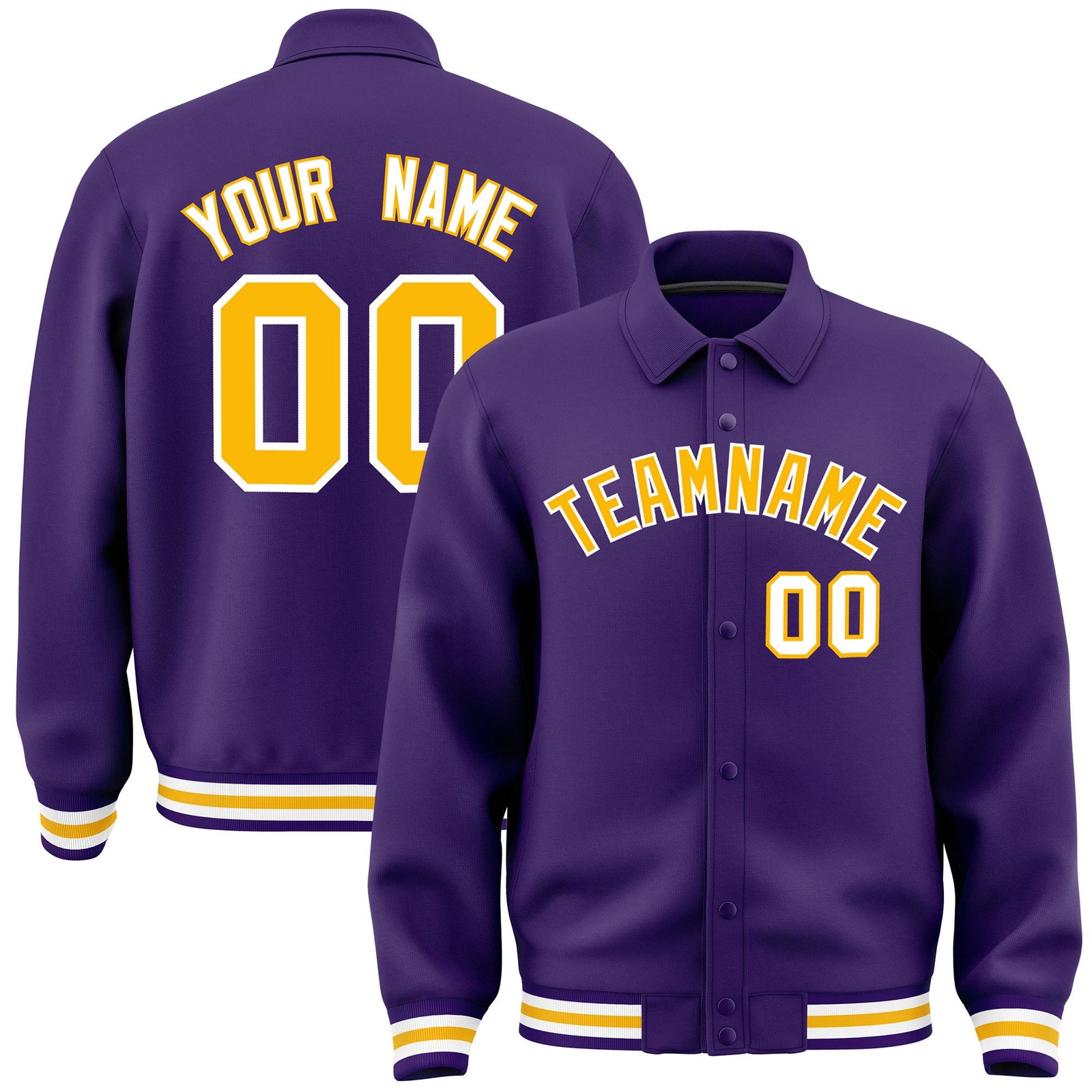 Custom Purple, Yellow, White collared coach jacket - front and back view - Style 4 | KXKSHOP