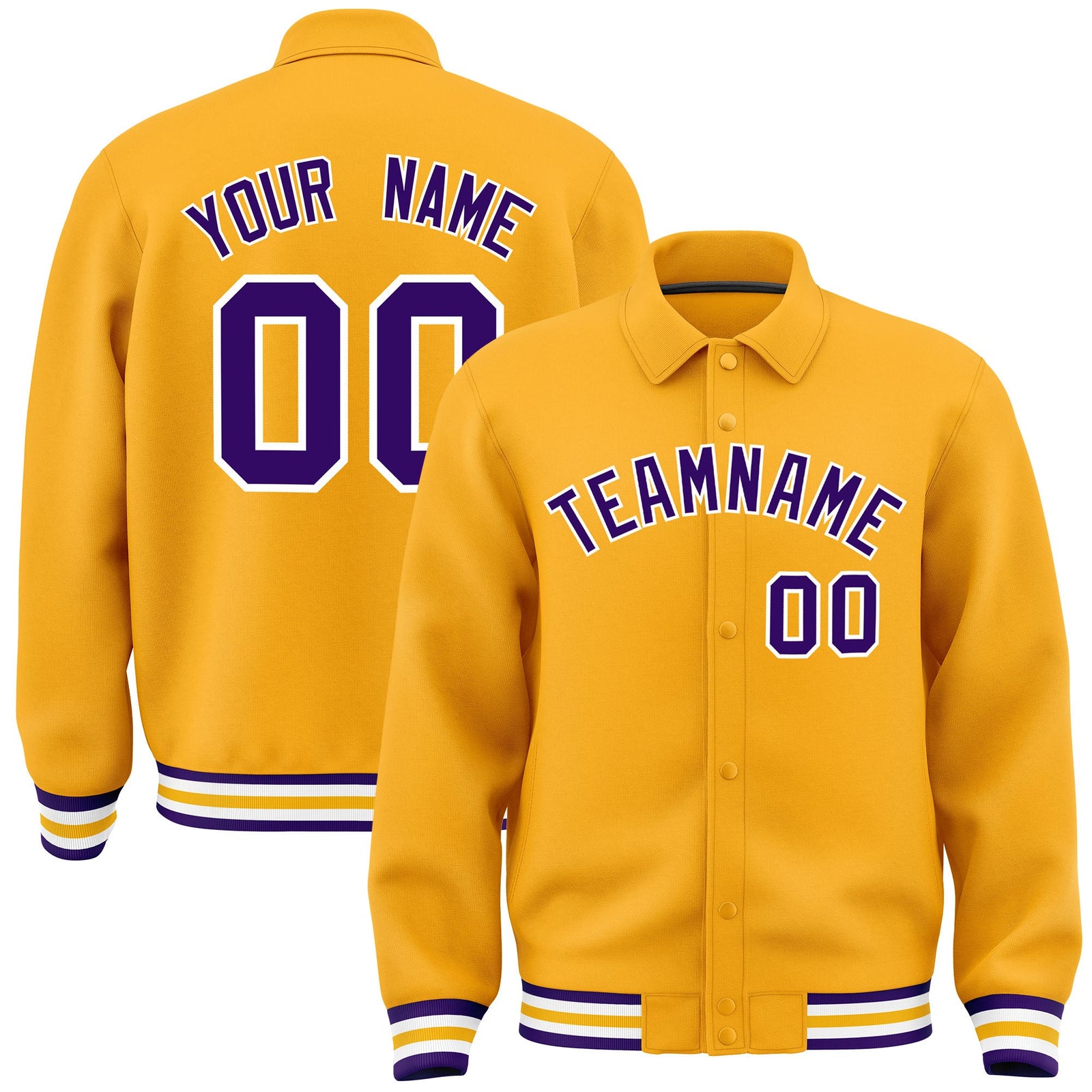 Custom Yellow, Purple, White collared coach jacket - front and back view - Style 4 | KXKSHOP