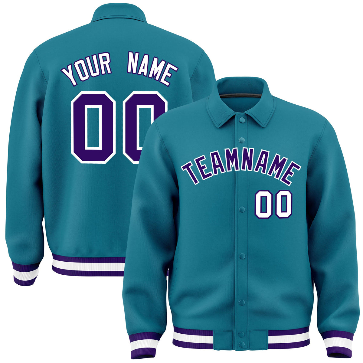 Custom Teal, Purple, White collared coach jacket - front and back view - Style 4 | KXKSHOP
