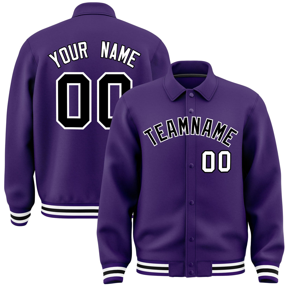 Custom Purple, Black, White collared coach jacket - front and back view - Style 4 | KXKSHOP