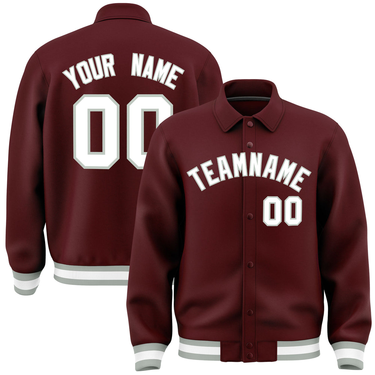 Custom Burgundy, White, Grey collared coach jacket - front and back view - Style 4 | KXKSHOP