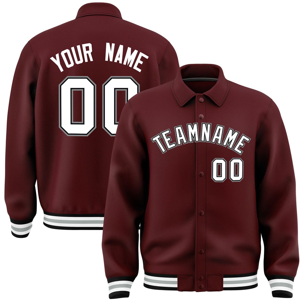 Custom Burgundy, White, Black, Grey collared coach jacket - front and back view - Style 4 | KXKSHOP