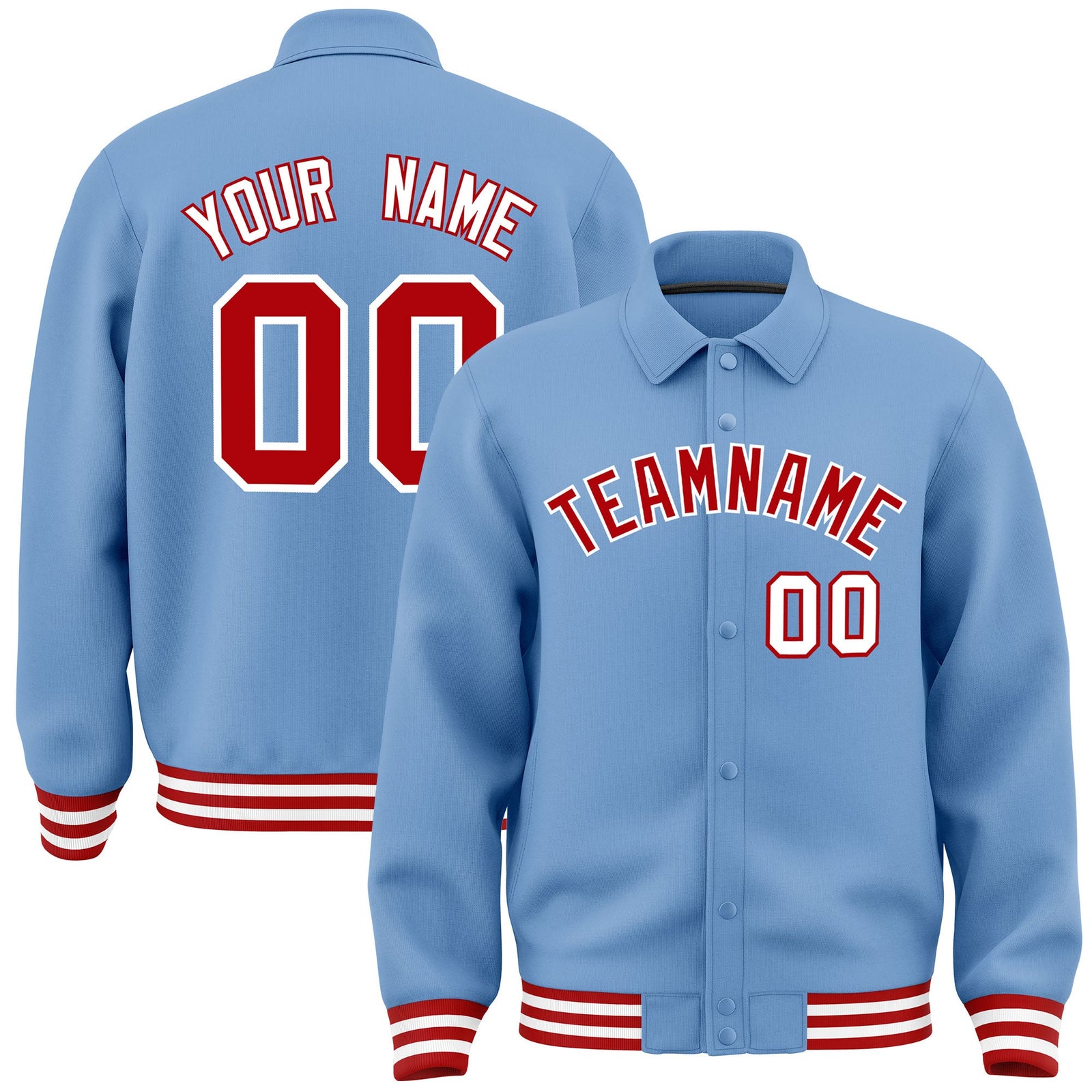 Custom Light Blue, Red, White collared coach jacket - front and back view - Style 4 | KXKSHOP