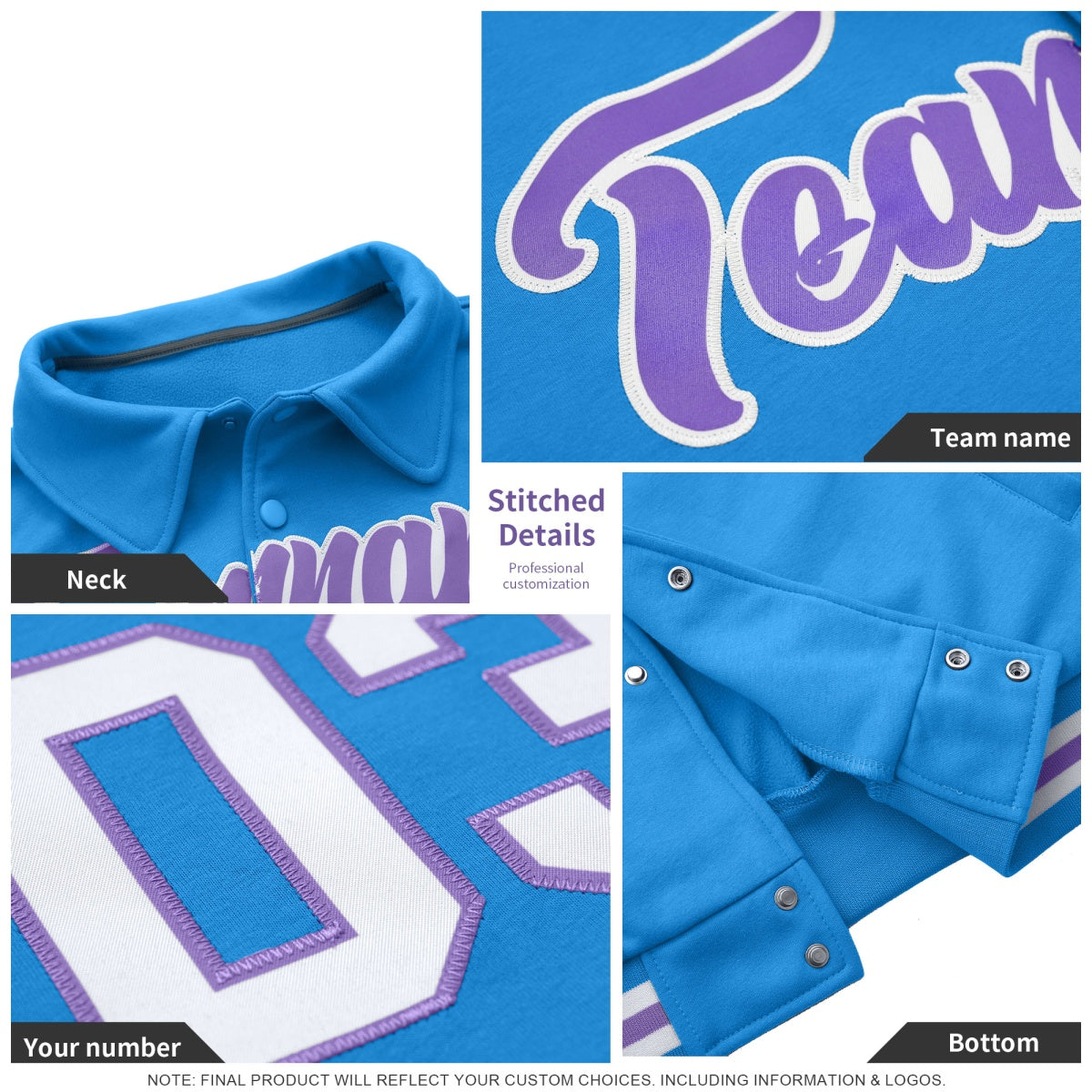 Custom collared jacket embroidery detail - stitched lettering and numbers - Style 2 | KXKSHOP