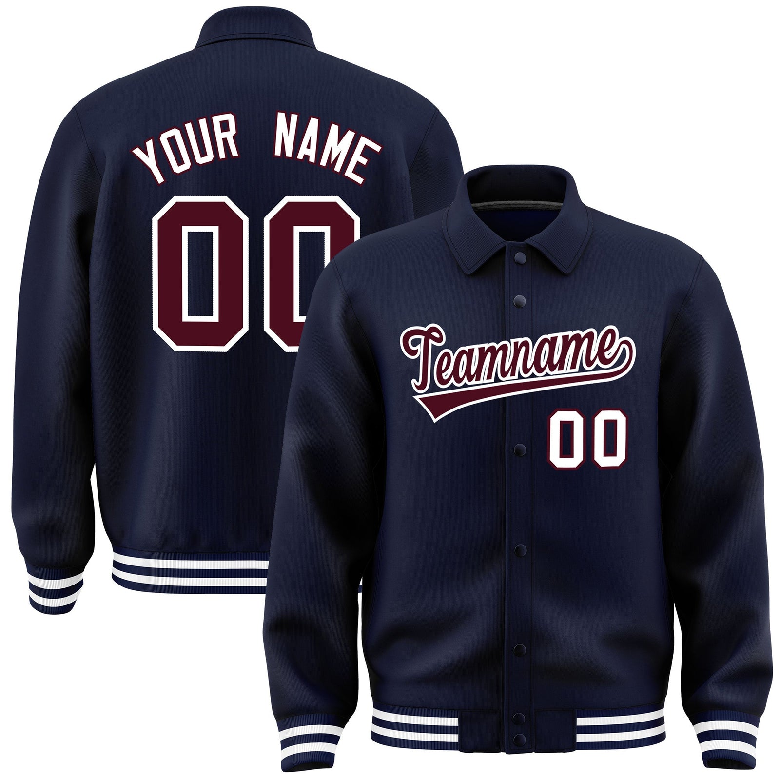 Custom Navy, Crimson, White collared coach jacket - front and back view - Style 2 | KXKSHOP
