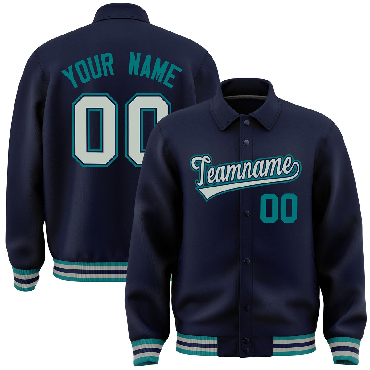 Custom Navy, Grey, Teal collared coach jacket - front and back view - Style 2 | KXKSHOP