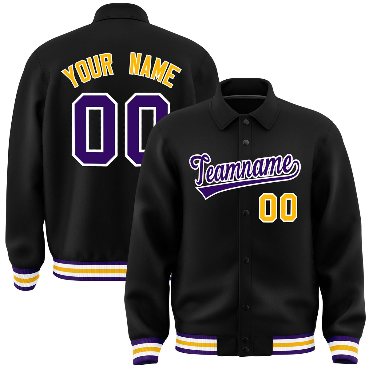 Custom Black, Purple, White collared coach jacket - front and back view - Style 2 | KXKSHOP